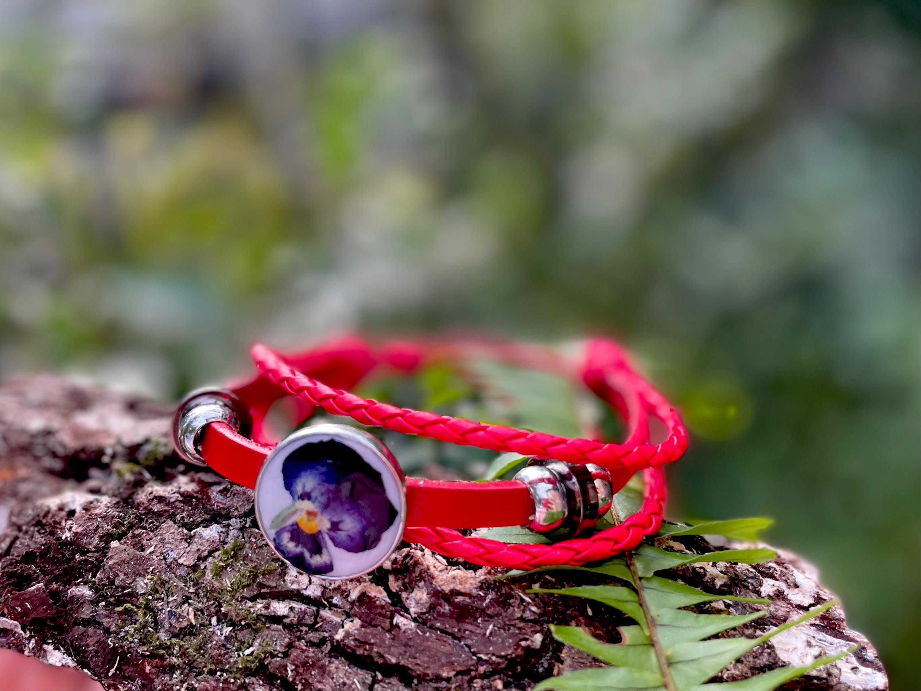 Red Leather 3 Wrap Bracelet: Pansy Violet February Birth Flower, Beaded Boho Jewelry