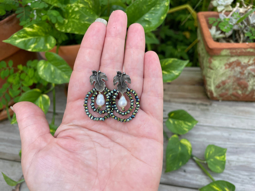 Leaf earrings stud,  Unique handmade earrings, green Swarovski crystal statement earrings, hoop earrings dangle, baroque pearl earrings mom