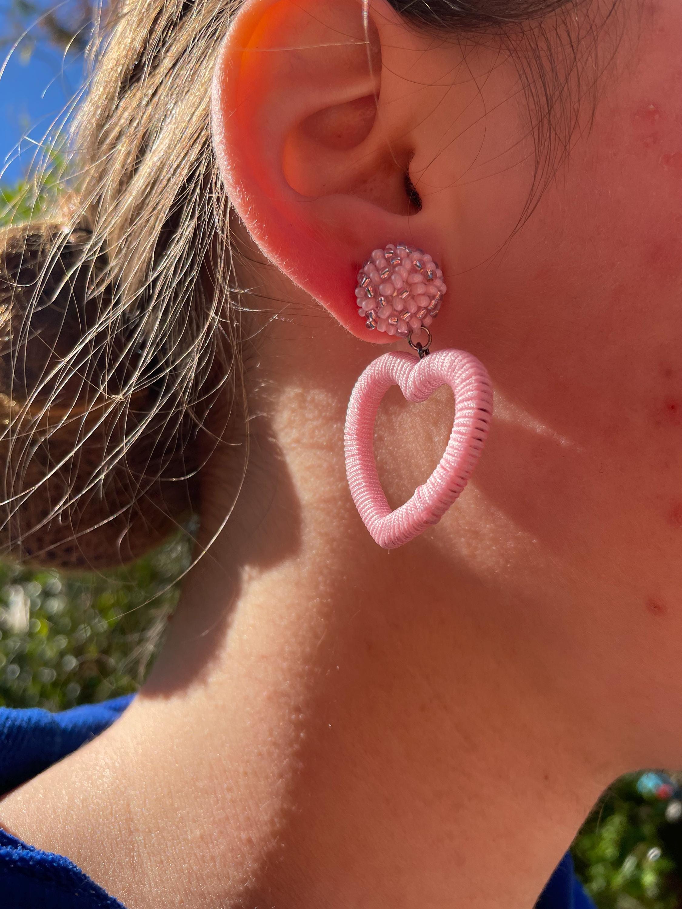Statement Pink Heart Earrings: Beaded Titanium Studs or Clip-Ons