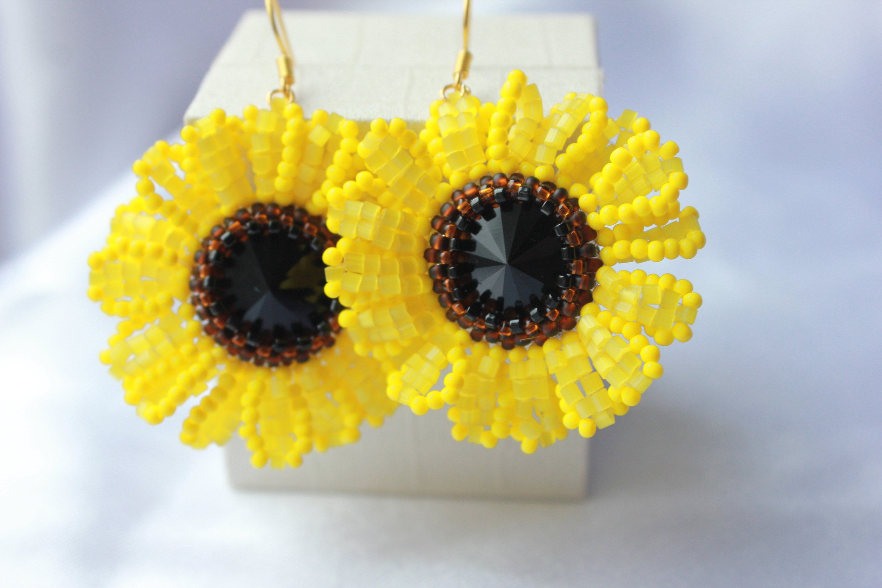 Sunflower Earrings Seed Beaded Leo zodiac birthday gift handmade boho yellow jewelry, cute mothers day gift idea