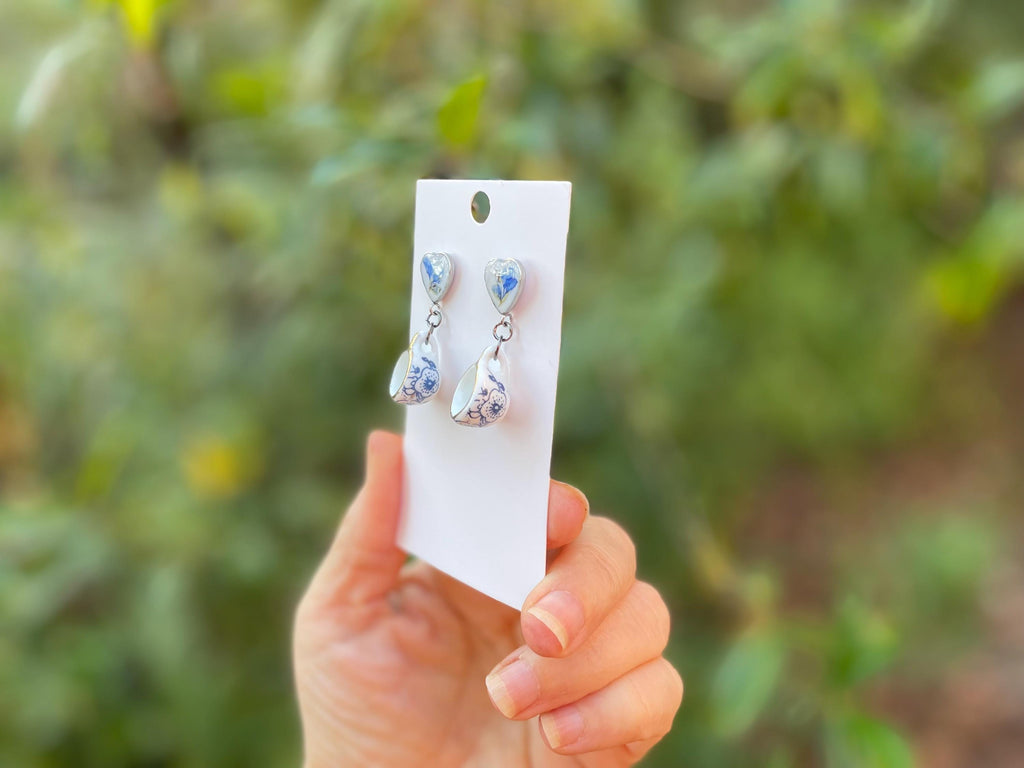 Tea Cup Dangle Earrings: Pressed Flower Heart, Blue & White Porcelain Studs 20th Anniversary