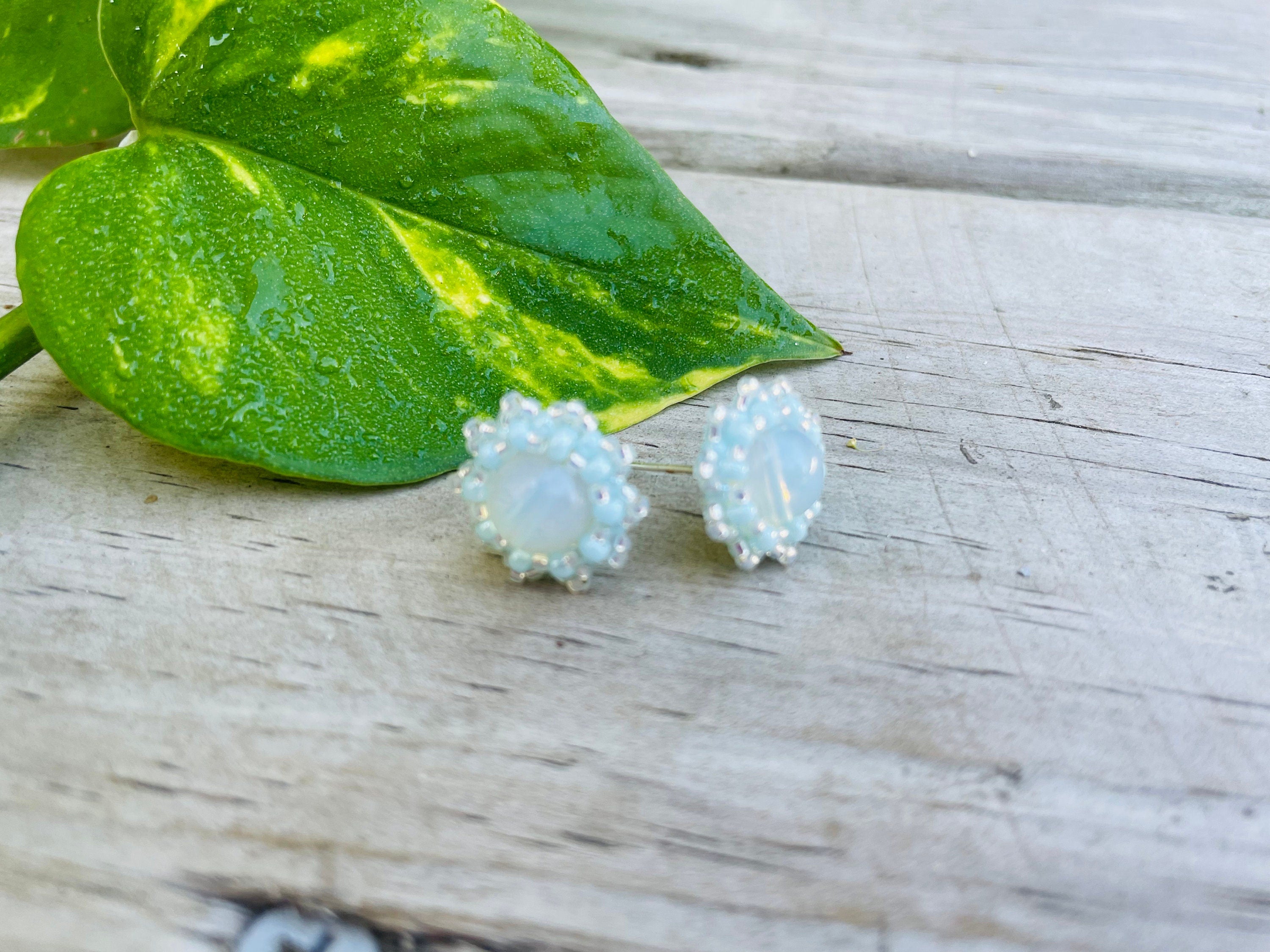 opal stud earrings, moonstone gemstone stud earrings, custom stud earrings, surgical steel stud earrings beaded, minimalist earrings wedding
