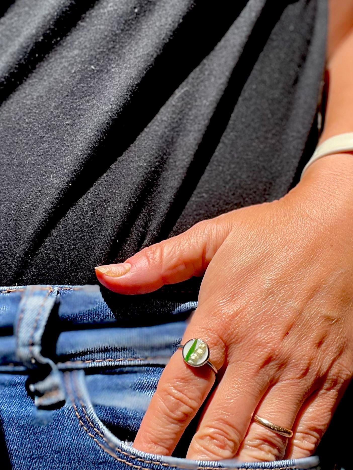 Personalized Lily of the Valley Pressed Flower Ring: Adjustable Silver May Birth Flower Jewelry