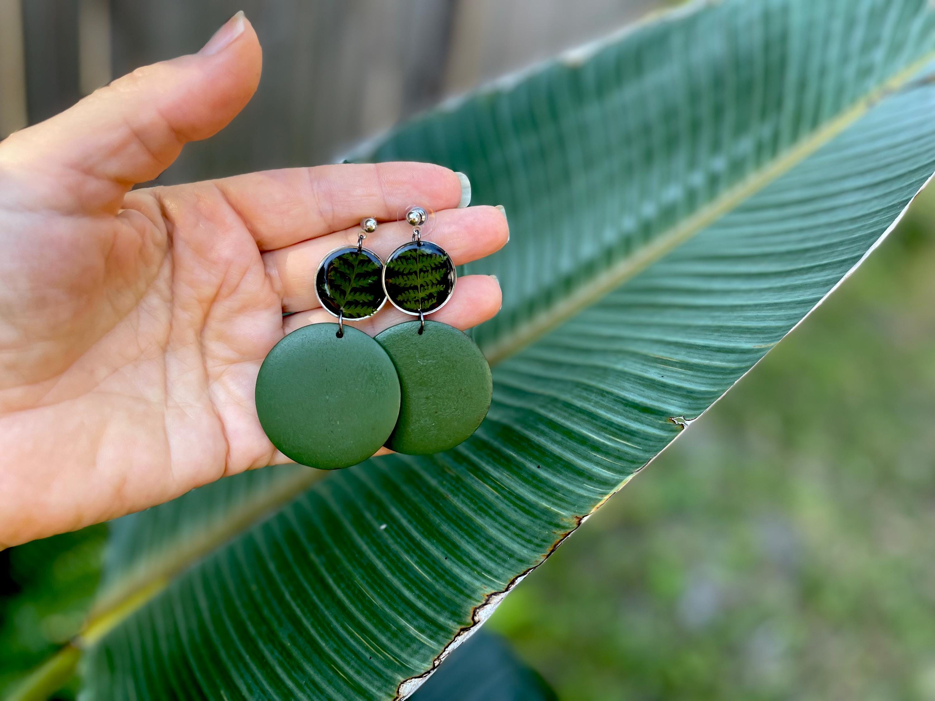 Green Fern Wooden Christmas Earrings: Clip-On/Post Options | Tree-Inspired Design