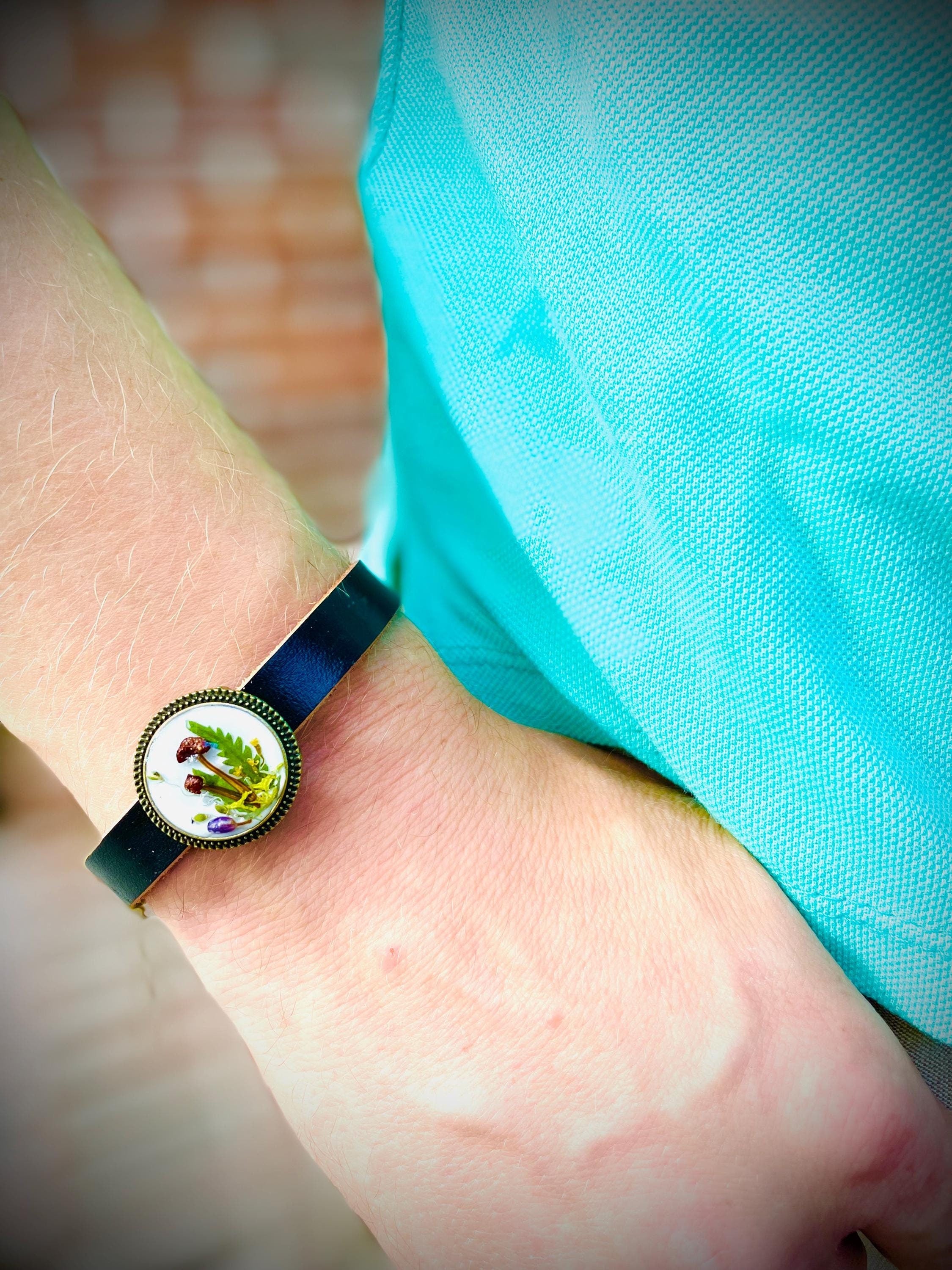 Real Mushroom Terrarium Black Leather Bracelet: Cottagecore Resin Jewelry, Birthstone Gift