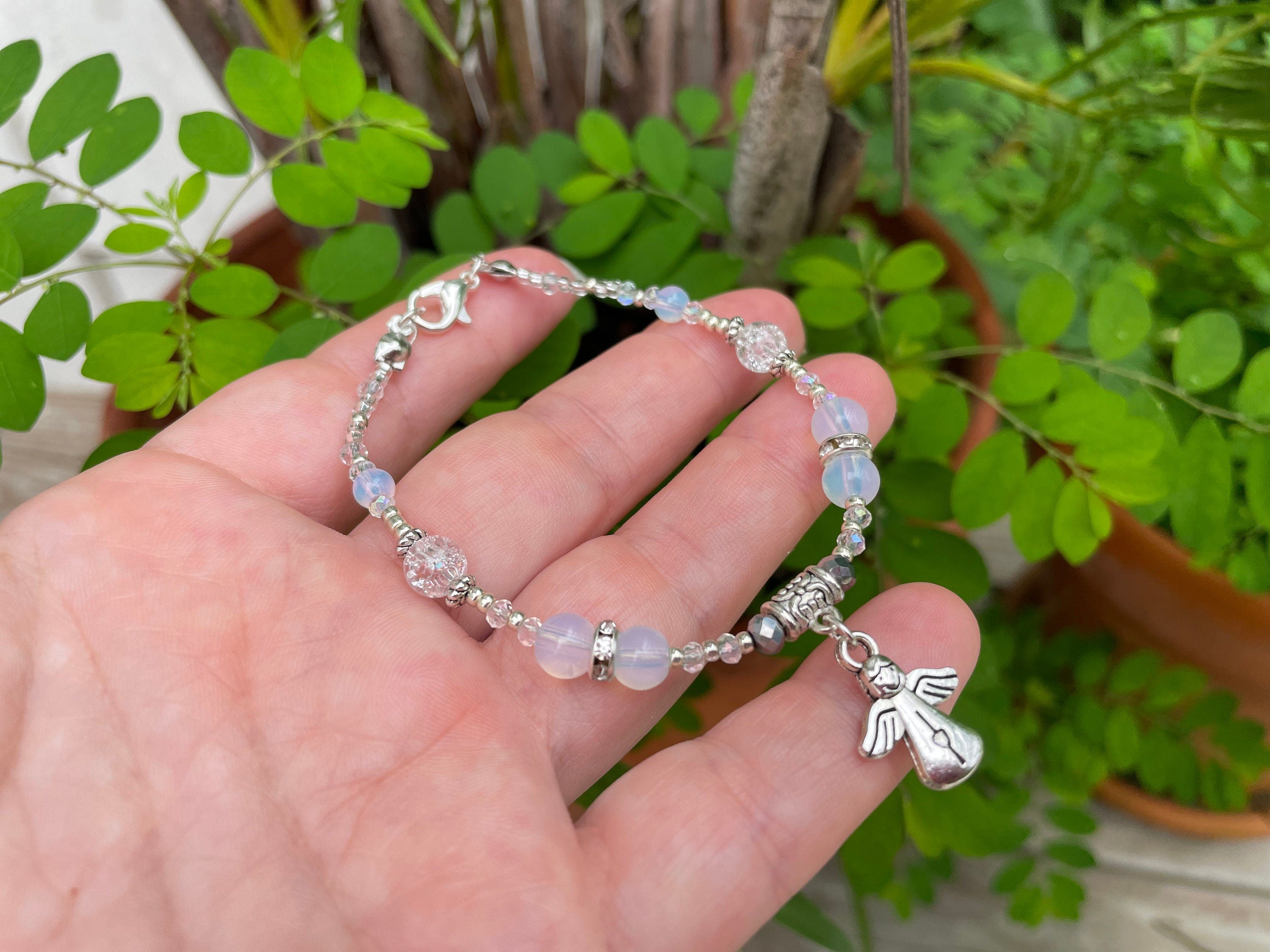 First communion gifts for girls, Opal bracelets for women, Angel bracelet, religious charm bracelet, dainty minimalist bracelet God daughter