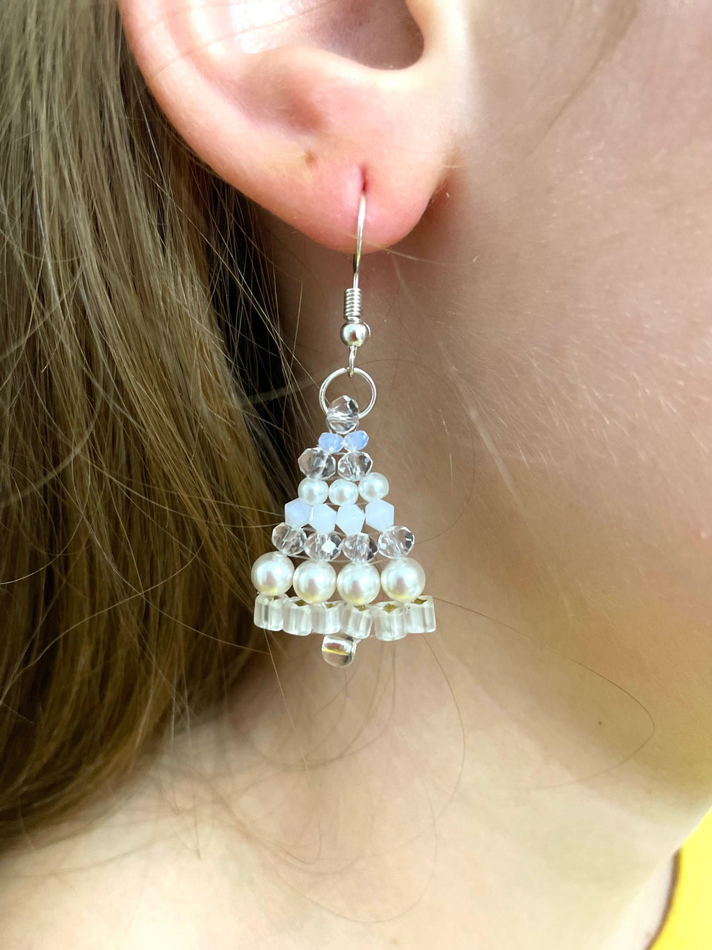 White Christmas Tree Earrings Beaded: Unique Pearl Silver Winter Holiday Dangles for Women
