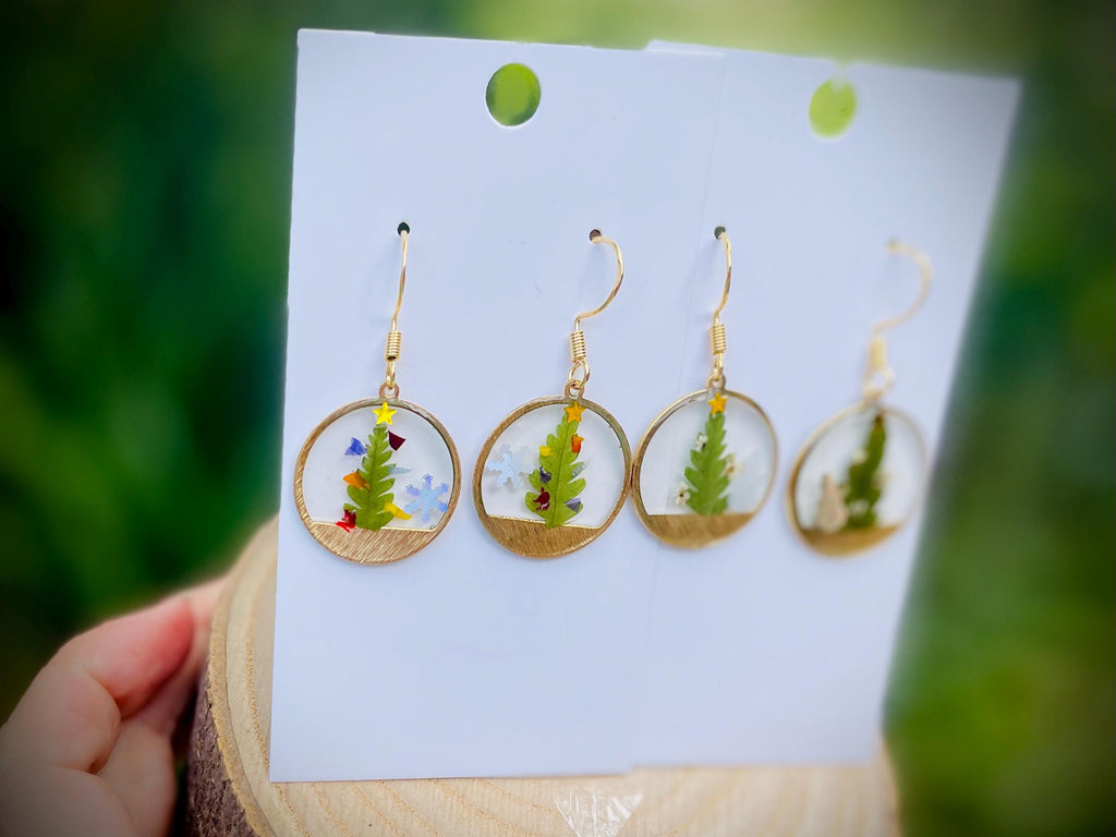 Gold Christmas Tree Earrings: Real Fern, Snowman, Holiday Dangles