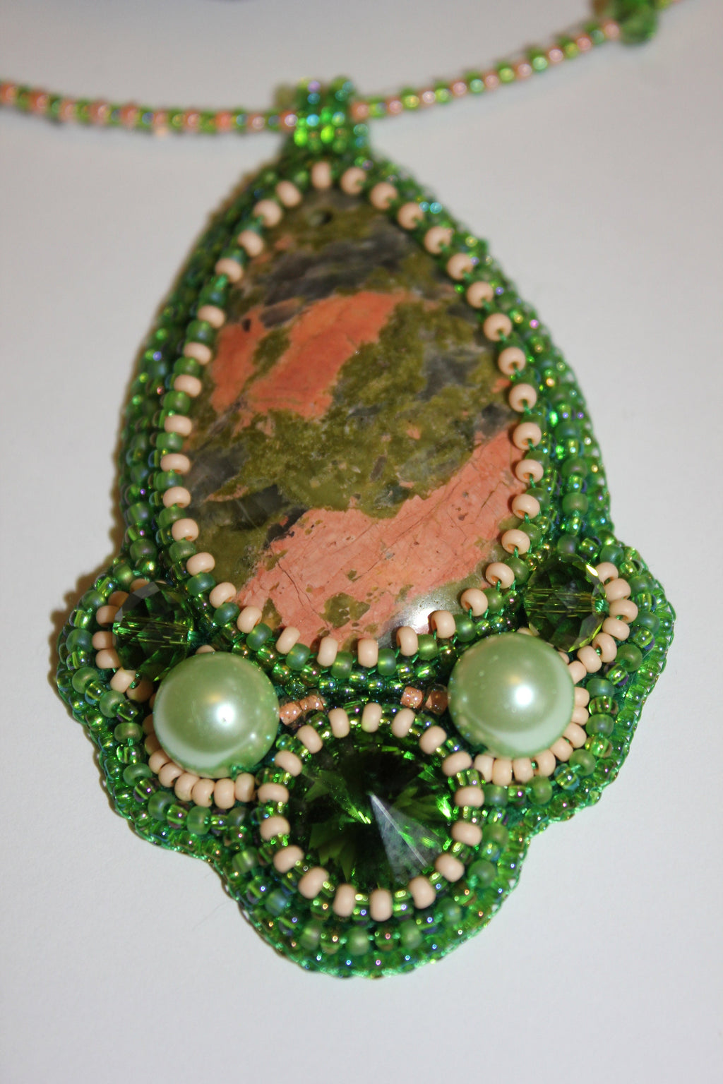 Unakite pendant crystal necklace unique, fertility crystal gift wife, beaded embroidered gemstone chakra jewelry for her, Mothers day gifts