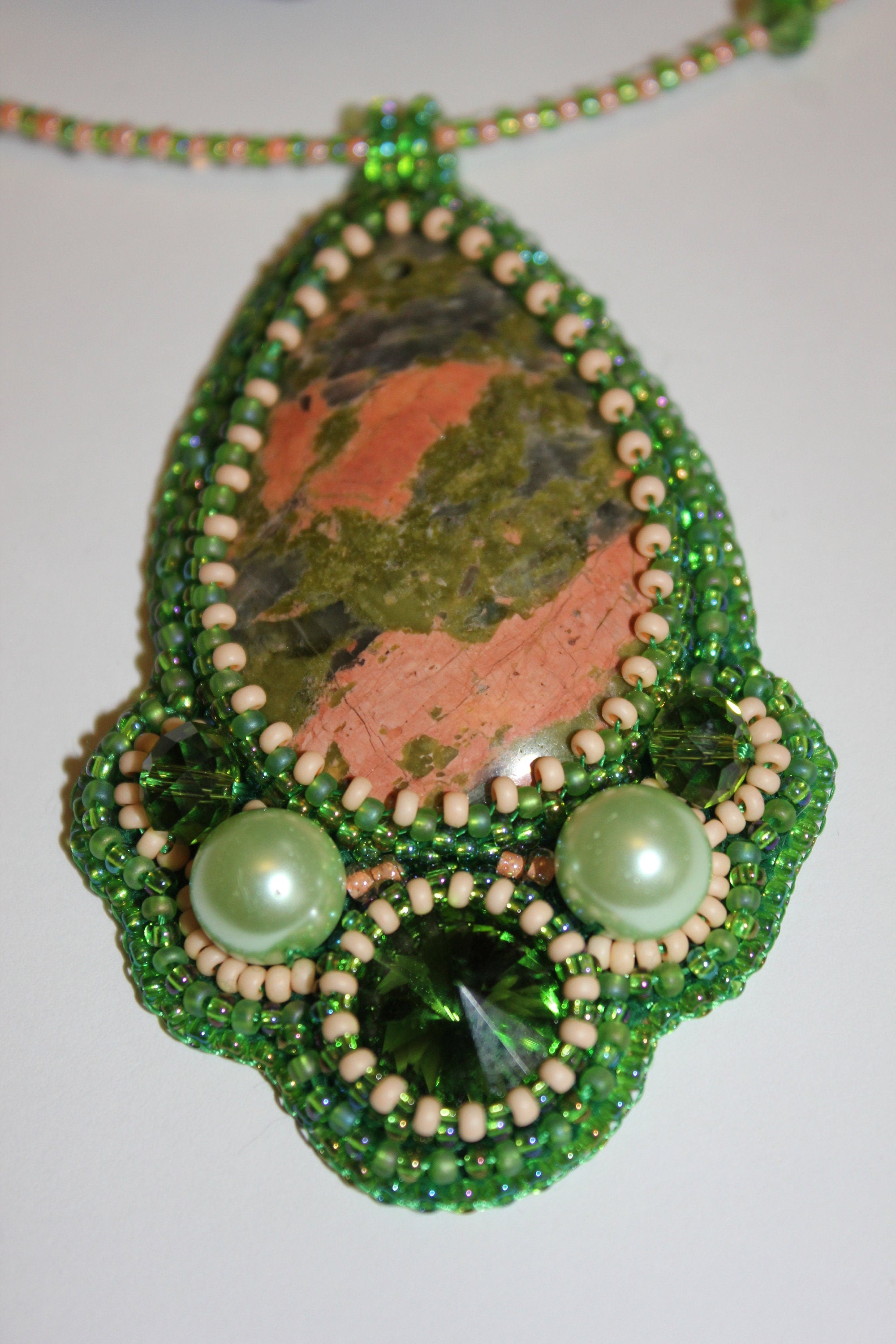 Unakite pendant crystal necklace unique, fertility crystal gift wife, beaded embroidered gemstone chakra jewelry for her, Mothers day gifts