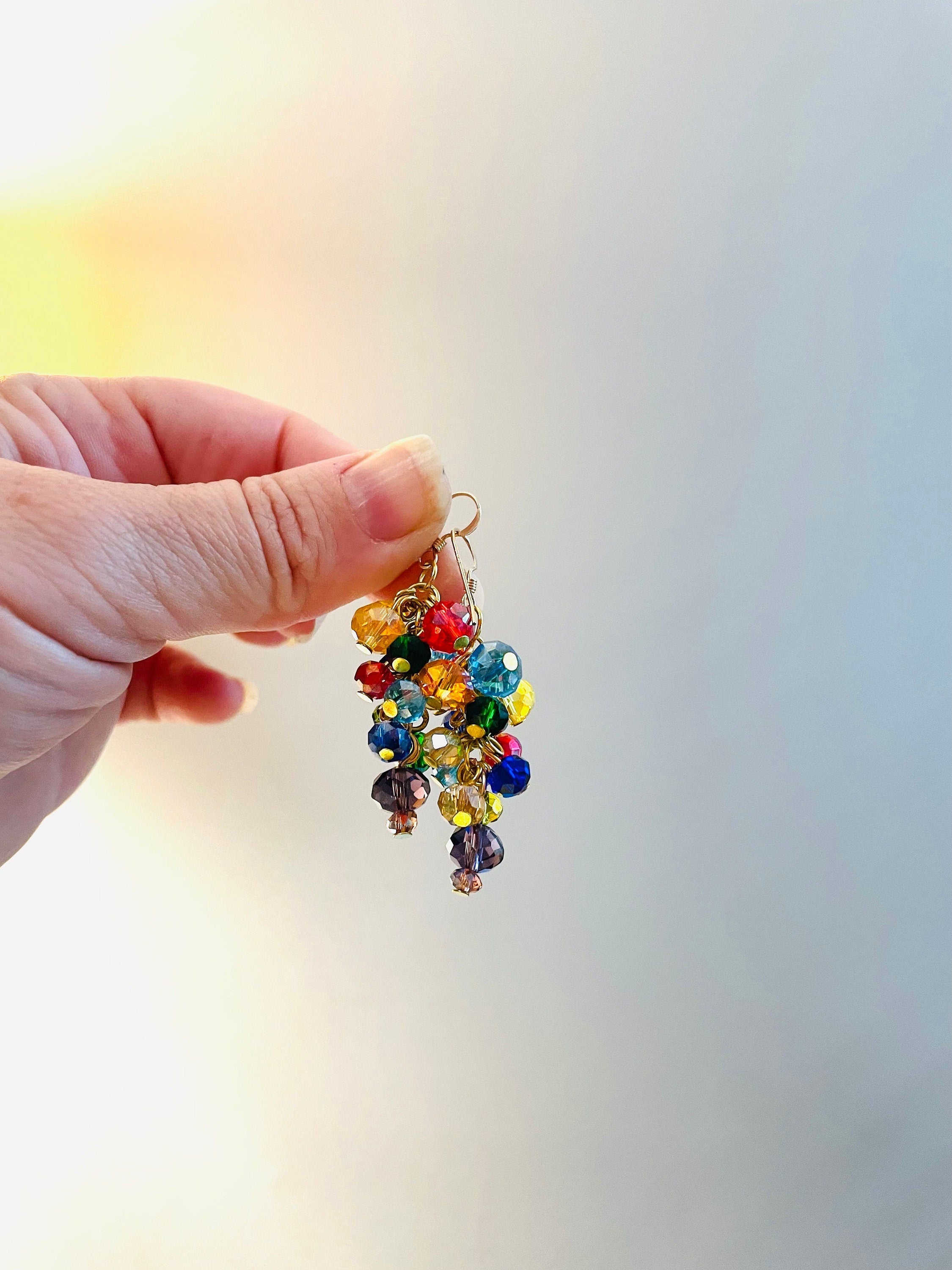 Handmade Rainbow Crystal Cluster Earrings: Colorful Dangle Jewelry