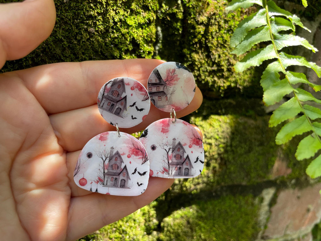 Haunted Mansion Halloween Earrings Clay: Spooky Season Unique Clip-Ons or Posts