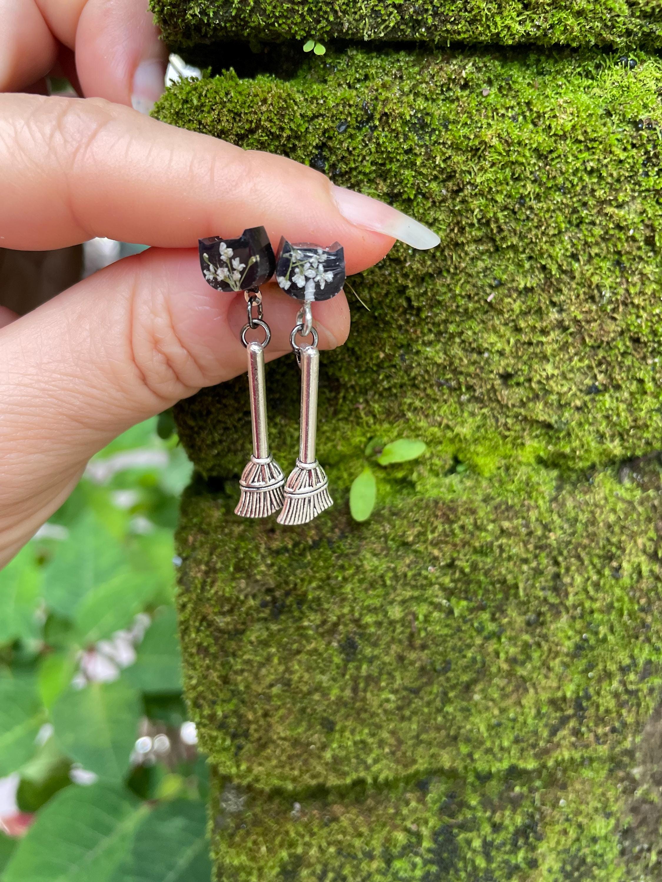 Antique Silver Witch Broom and Resin Black Cat Halloween Stud Earrings with Pressed Flowers