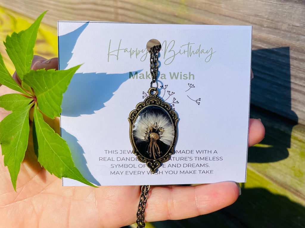 Real Dandelion Resin Pendant Necklace: Black & Bronze, Handmade Wish Jewelry Valentine gift for Boyfriend