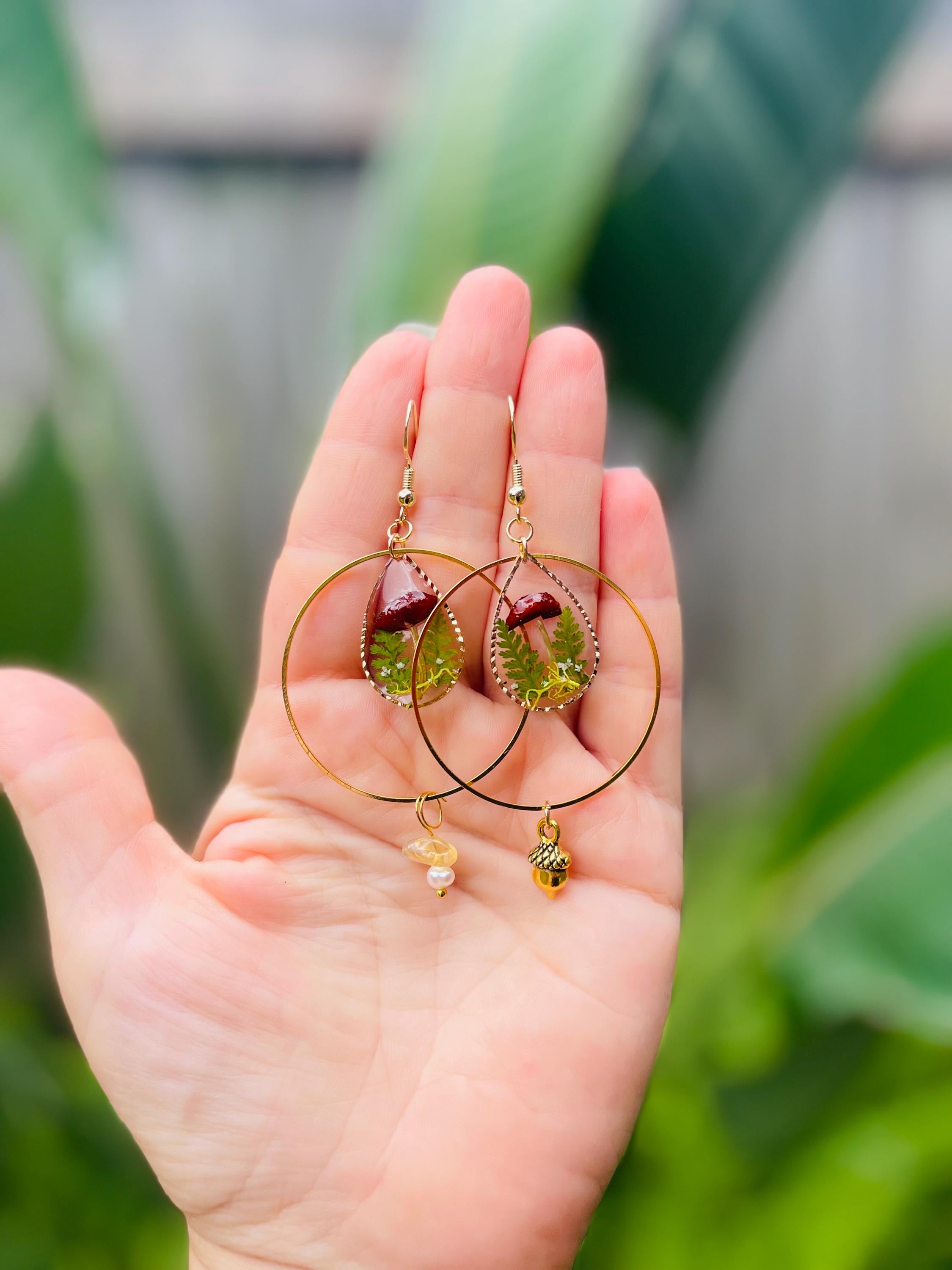 14K Gold Mushroom Terrarium Earrings Chandelier Hoops: Pearl, Acorn Charm, Personalized Birthstone