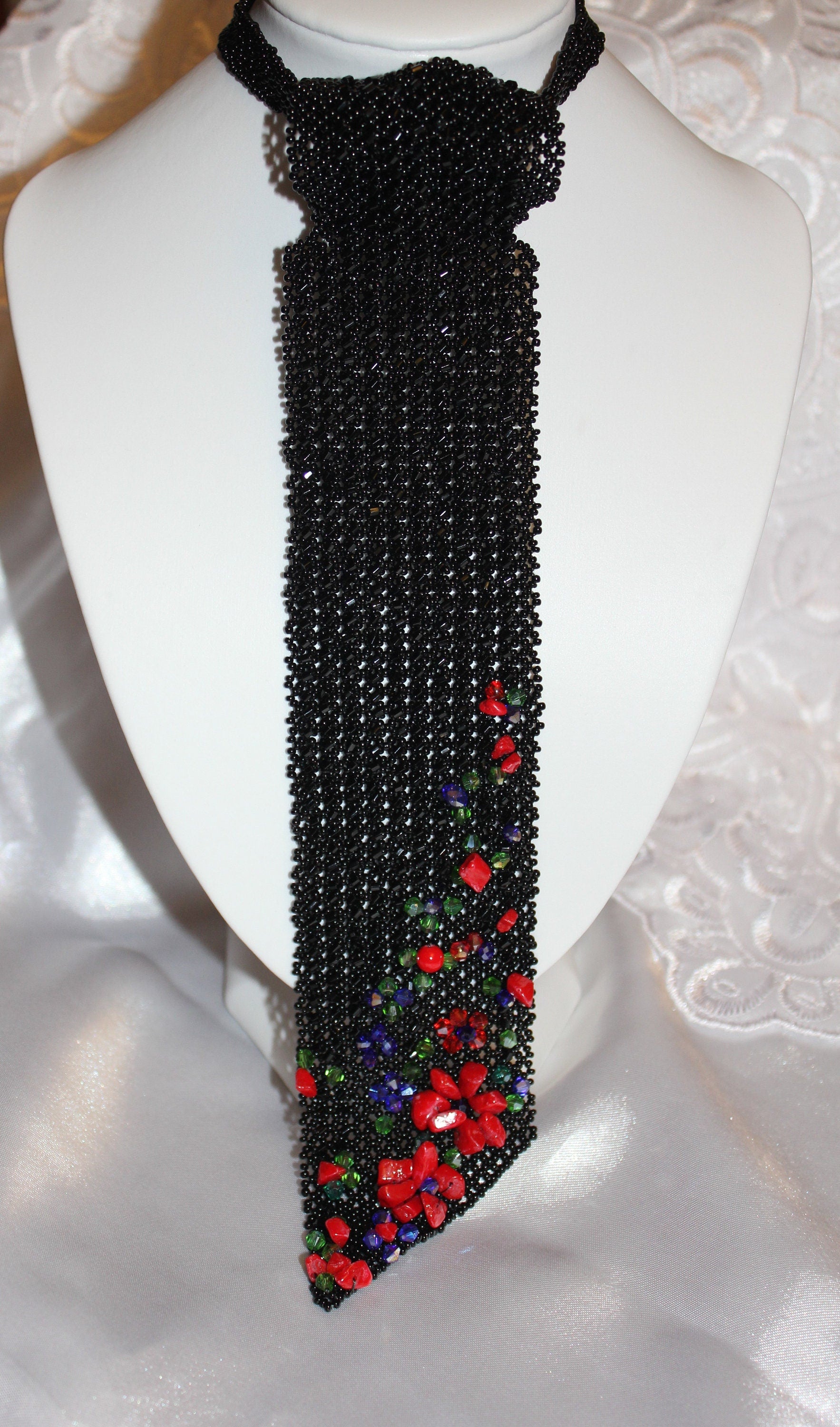 Office Style Necklace for Women, beaded tie, Office Fashion Necklace, Lady Boss Gift, Black Tie Necklace, Seed Bead Tie, women tie unique