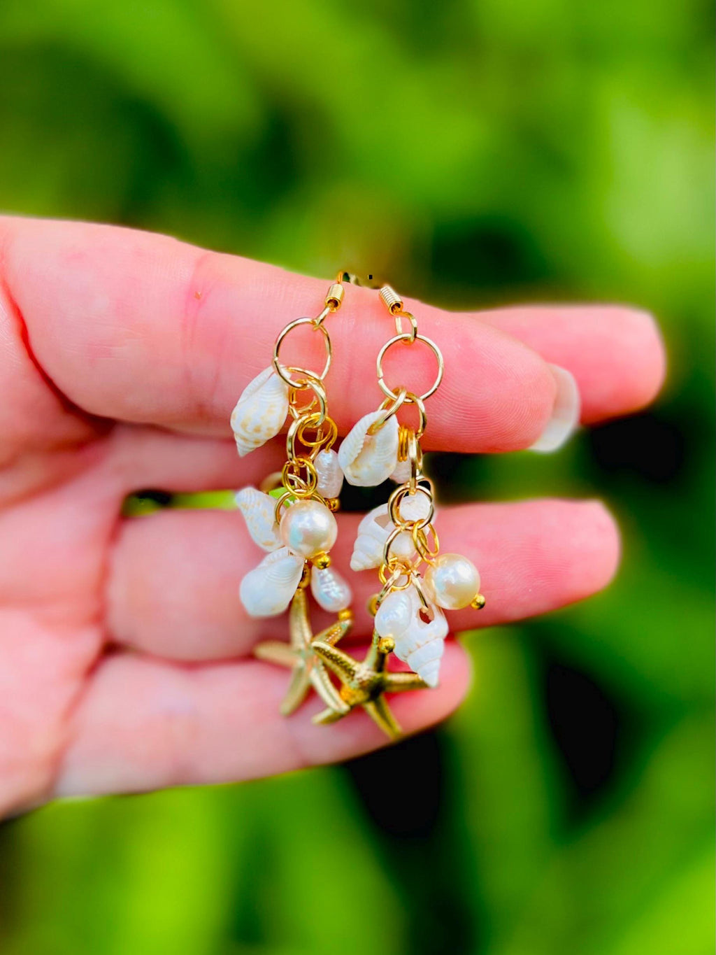 Starfish & Pearl Ocean Earrings: Seashell Beach Wedding Jewelry Gold