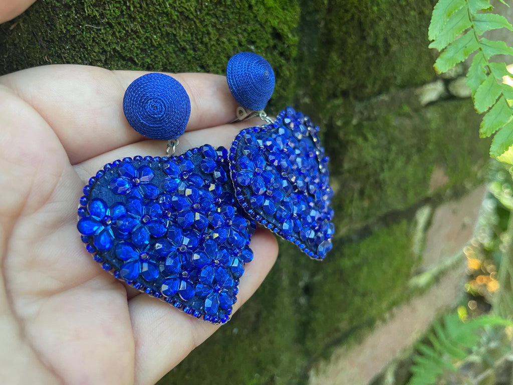 Valentine Earrings. Heart earrings Women's Drop clip-on Earrings handmade beaded earrings Floral drop sequins earrings blue heart earrings