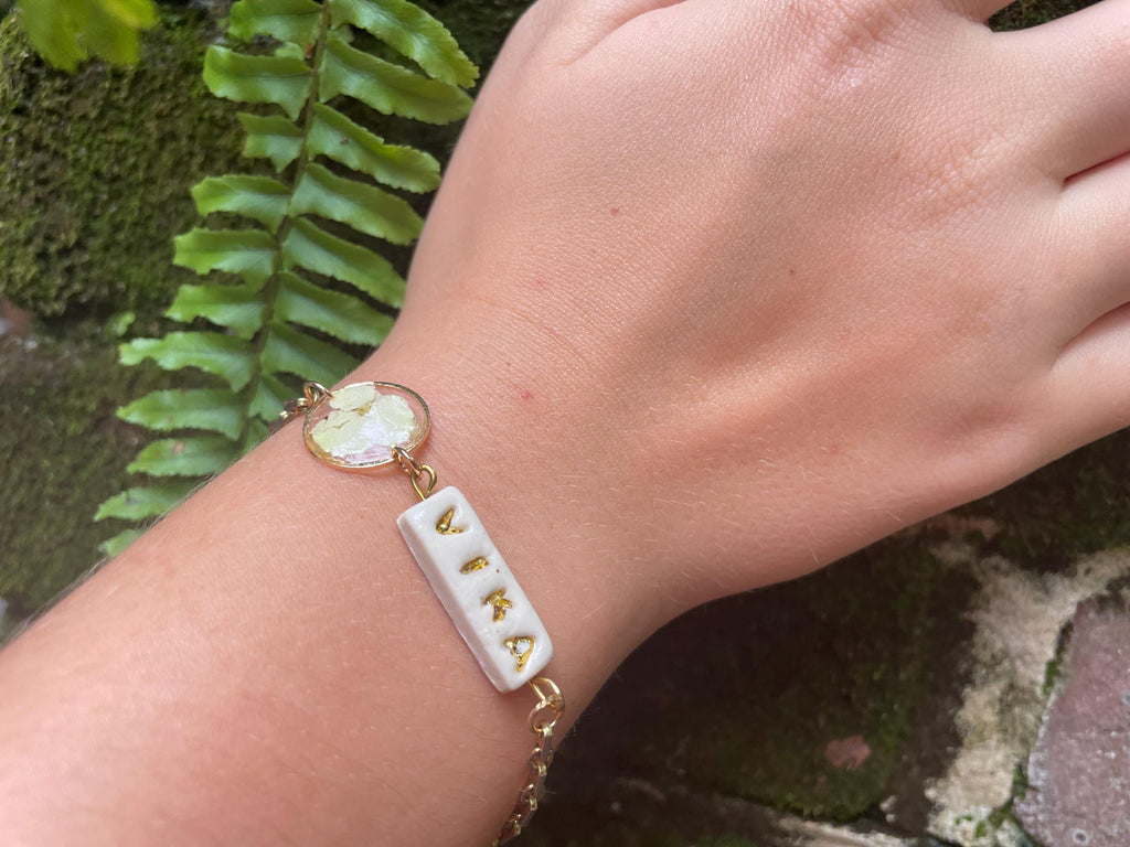 Personalized Name Bracelet: Real Hydrangea Charm, Handmade Porcelain Jewelry