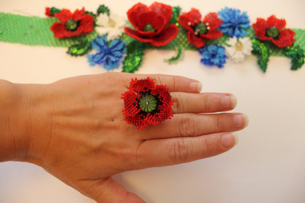 Valentine gift flower ring, red poppy jewelry, big floral rings quirky, nature jewelry for women, Birthday gifts for wife, present for mom