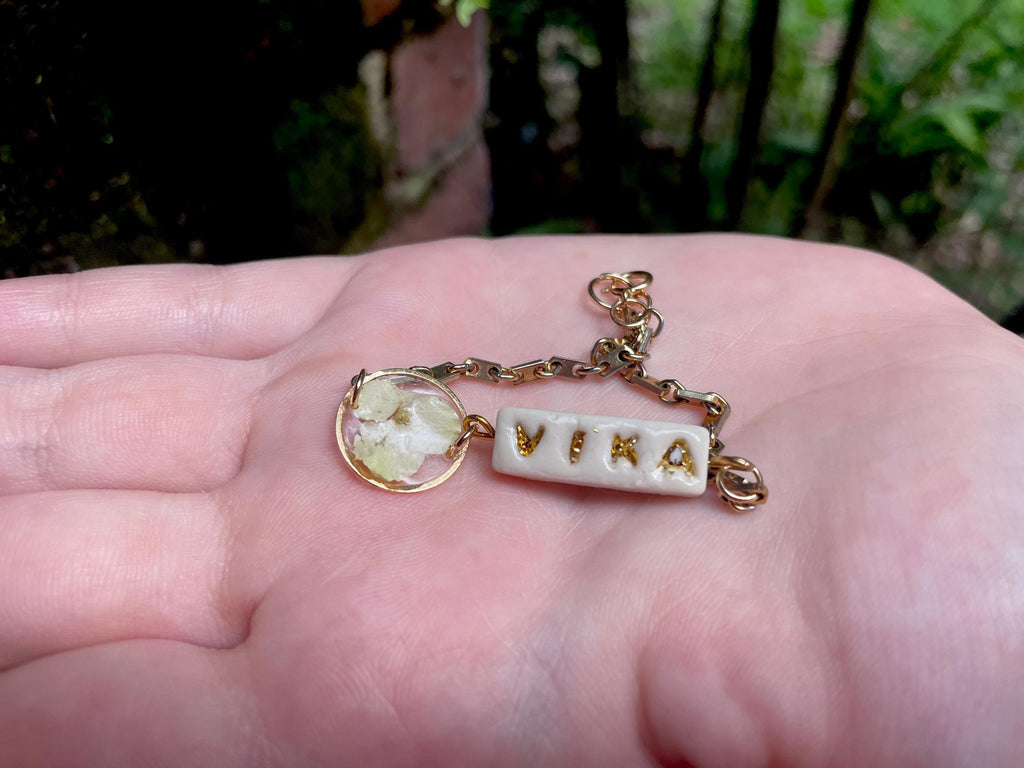 Personalized Name Bracelet: Real Hydrangea Charm, Handmade Porcelain Jewelry