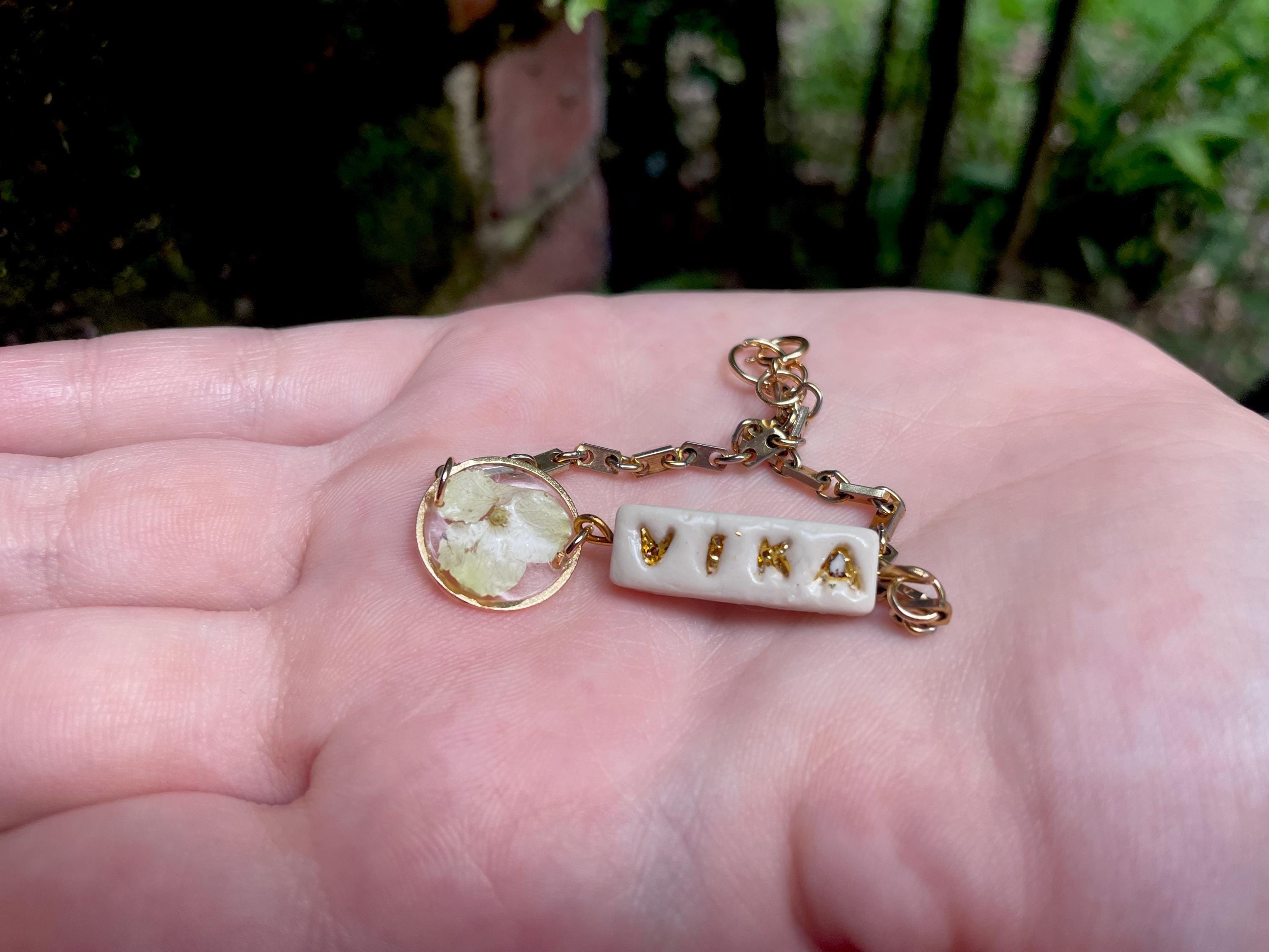 Personalized Name Bracelet: Real Hydrangea Charm, Handmade Porcelain Jewelry