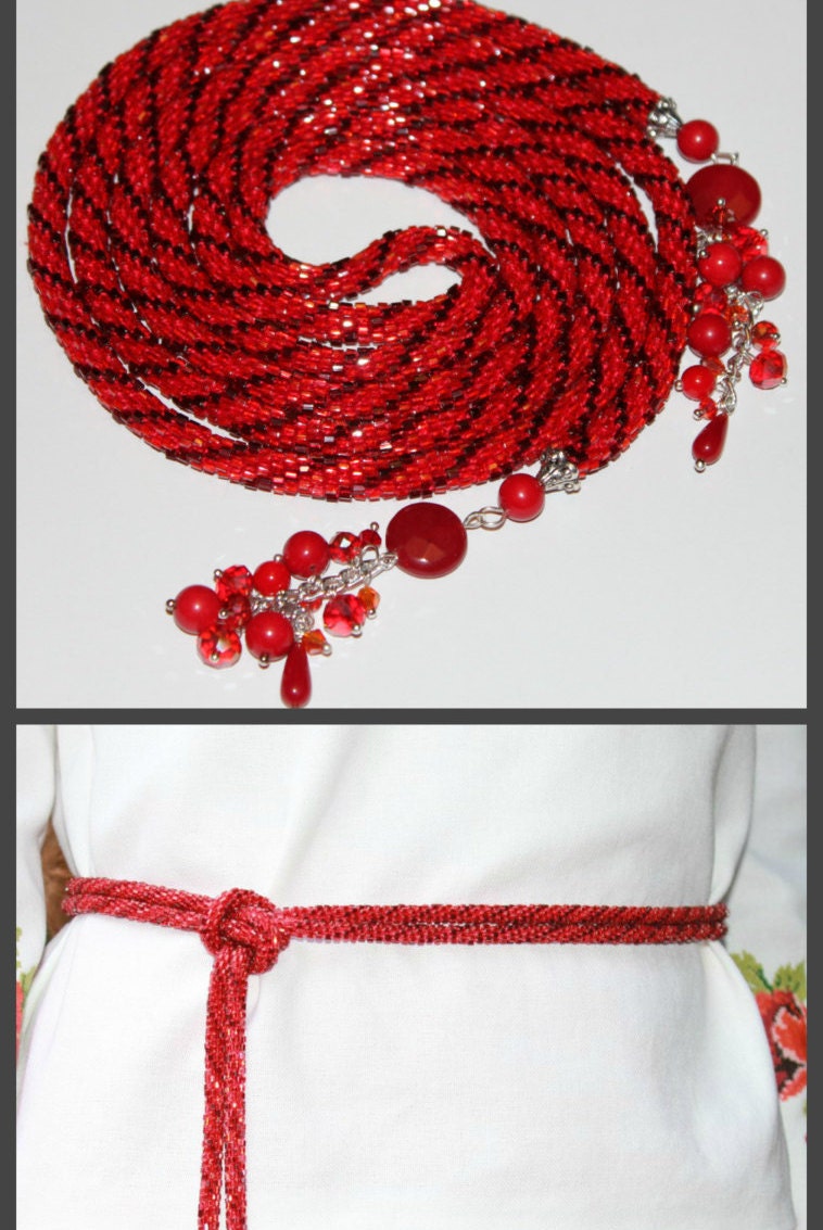 Christmas Ruby red Bead necklace, Beaded Layered Necklace Choker Gift For Her, Crochet Rope belt, Bohemian jewelry crystal lariat for wife