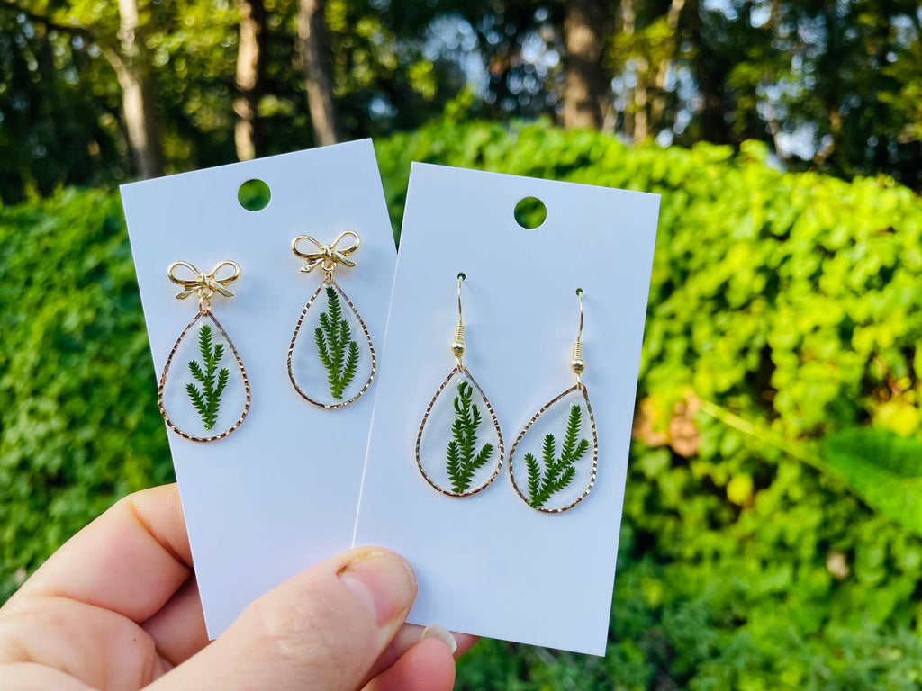 Gold bow Earrings Stud with Christmas Tree Branch, Green Real Plant  Botanical Earrings Dangle