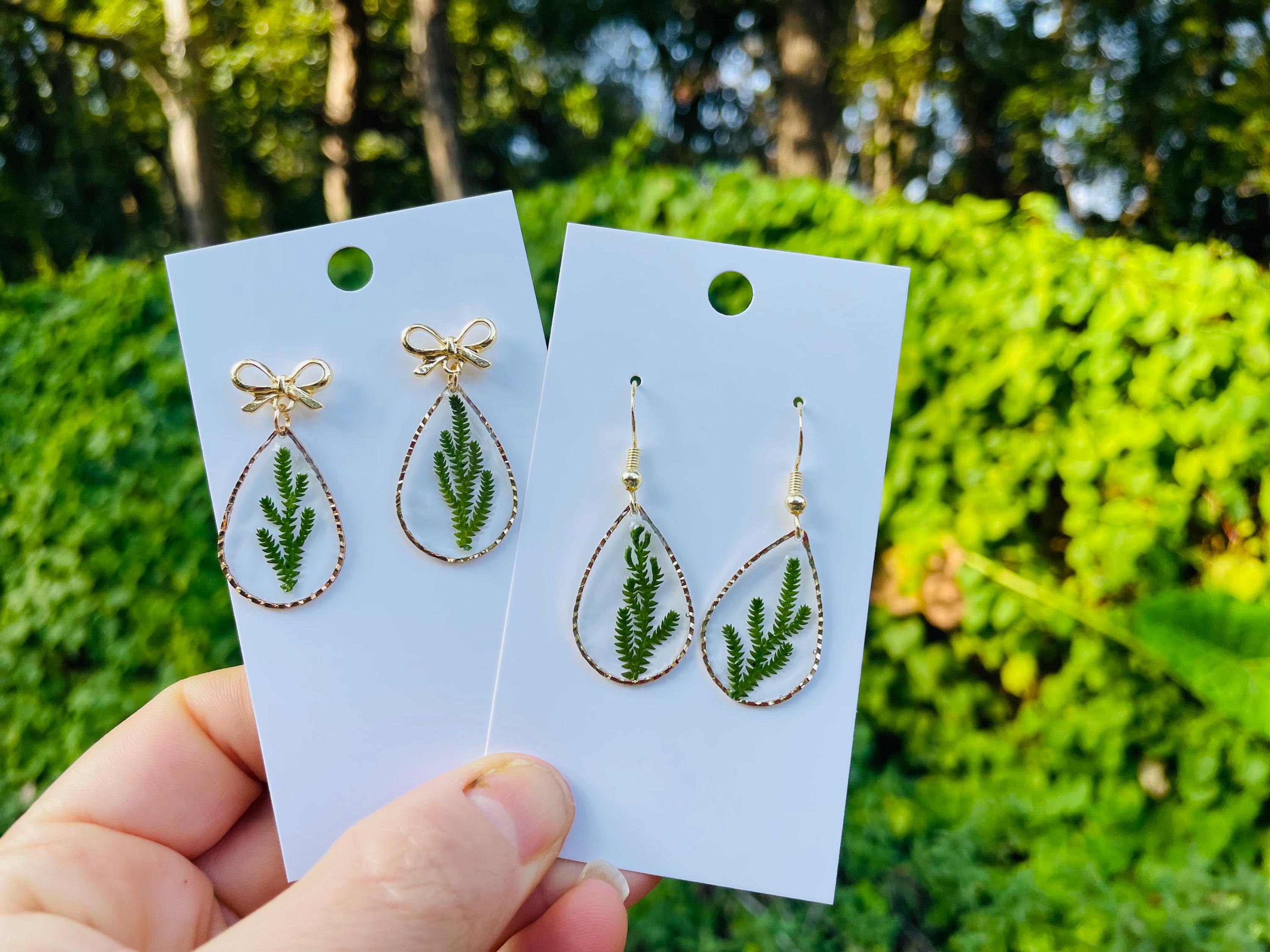 Gold bow Earrings Stud with Christmas Tree Branch, Green Real Plant  Botanical Earrings Dangle