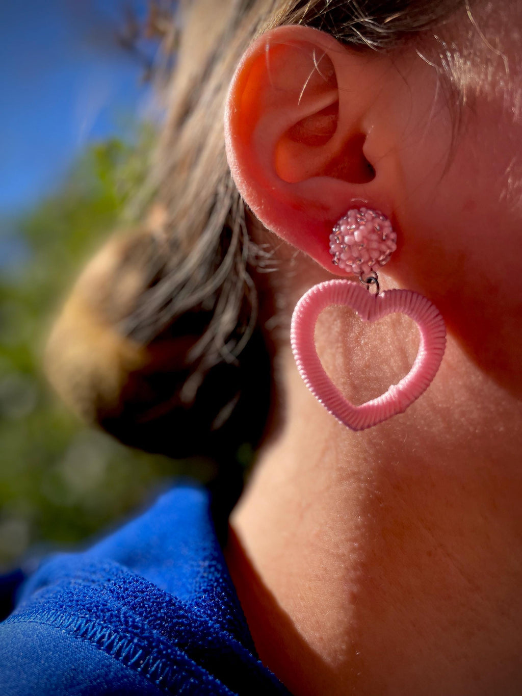 Statement Pink Heart Earrings: Beaded Titanium Studs or Clip-Ons