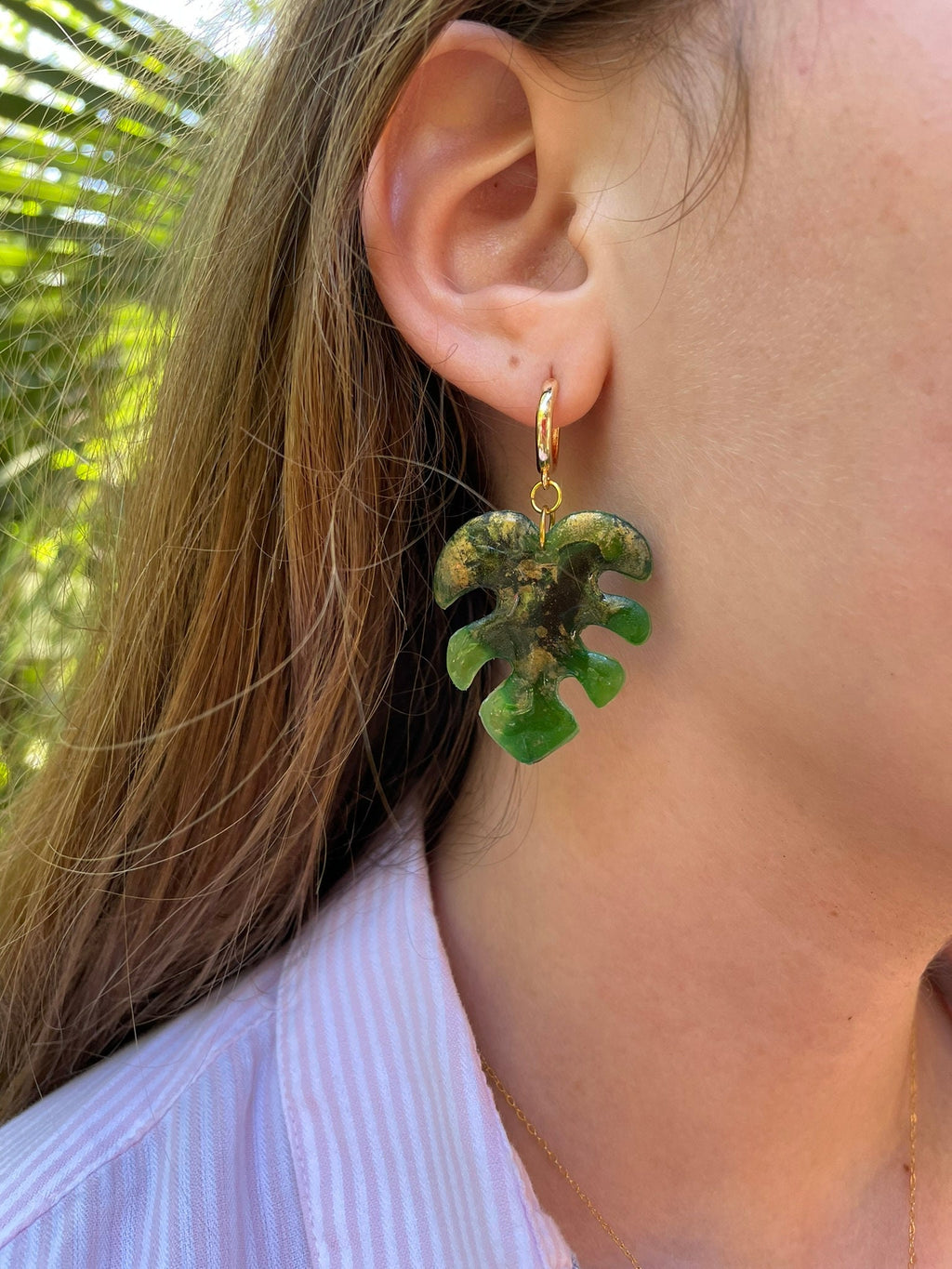 Tropical Island Style Monstera Leaf Earrings, Gold Hoop huggie earrings Cool Summer Jewelry Beach Wedding Maximalist Polymer Clay Earrings