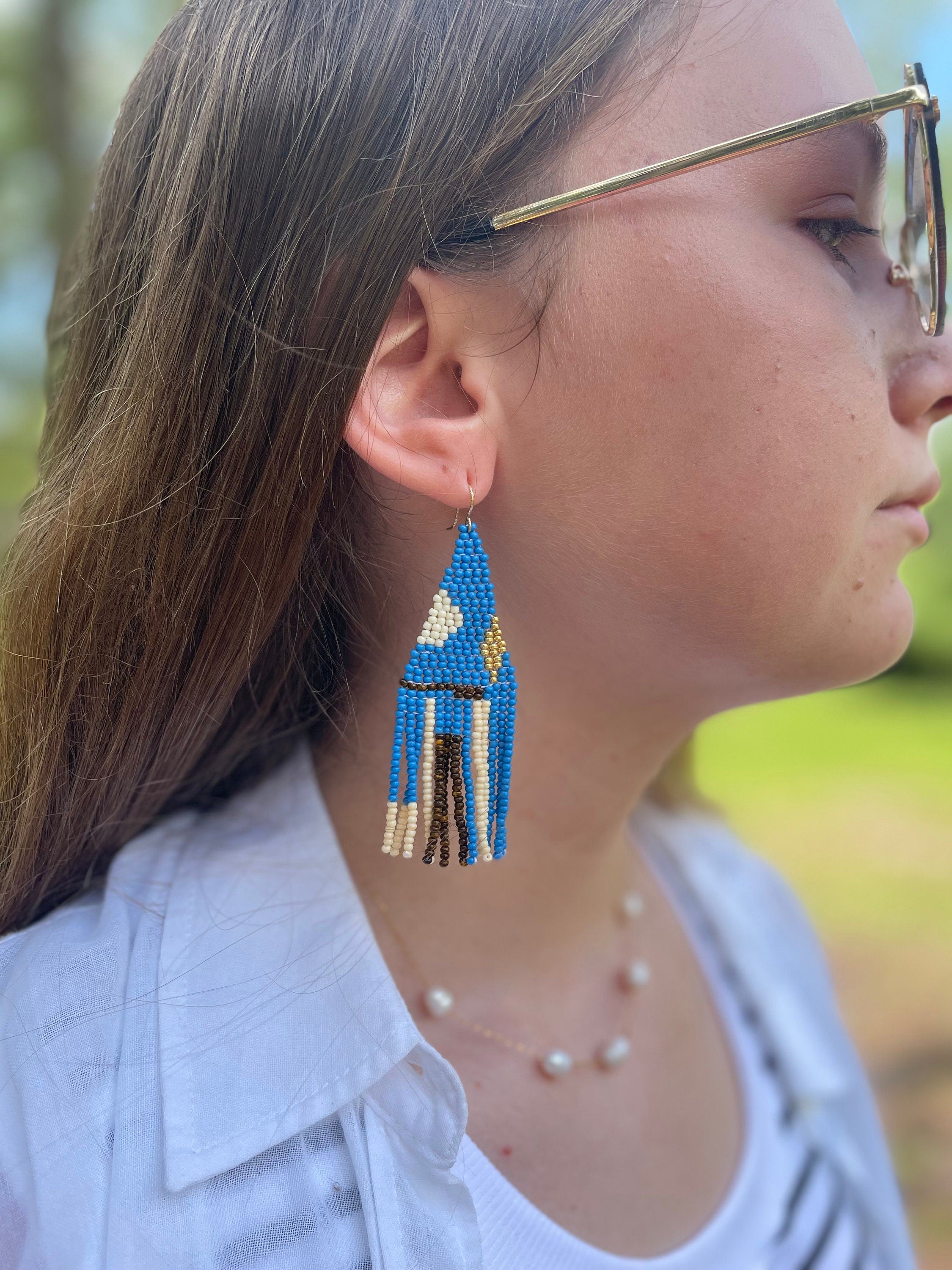 Gold Filled 14K Turquoise beaded earrings, Long earrings, Fringe earrings Native American Seed bead earrings, Abstract Chandelier earrings