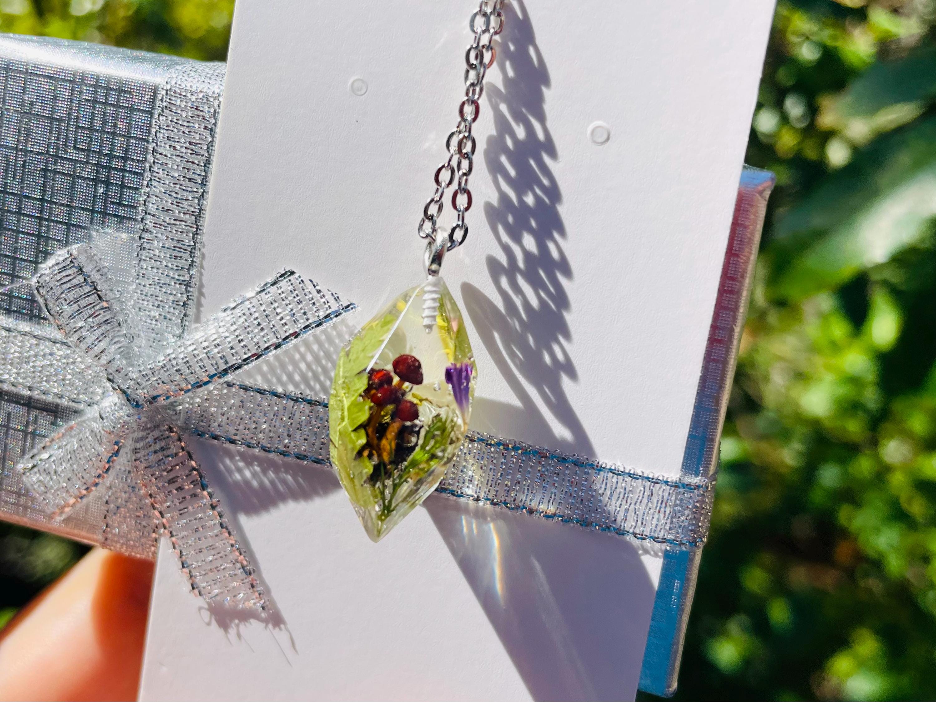 Mushroom crystal necklace dainty silver necklace mushroom pendant terrarium resin jewelry moss Miniature Forest personalized jewelry gift