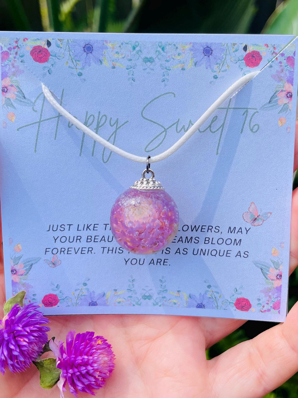 Sweet 16 Pink Flower Resin Pendant Necklace: Silver Chain or Leather Cord