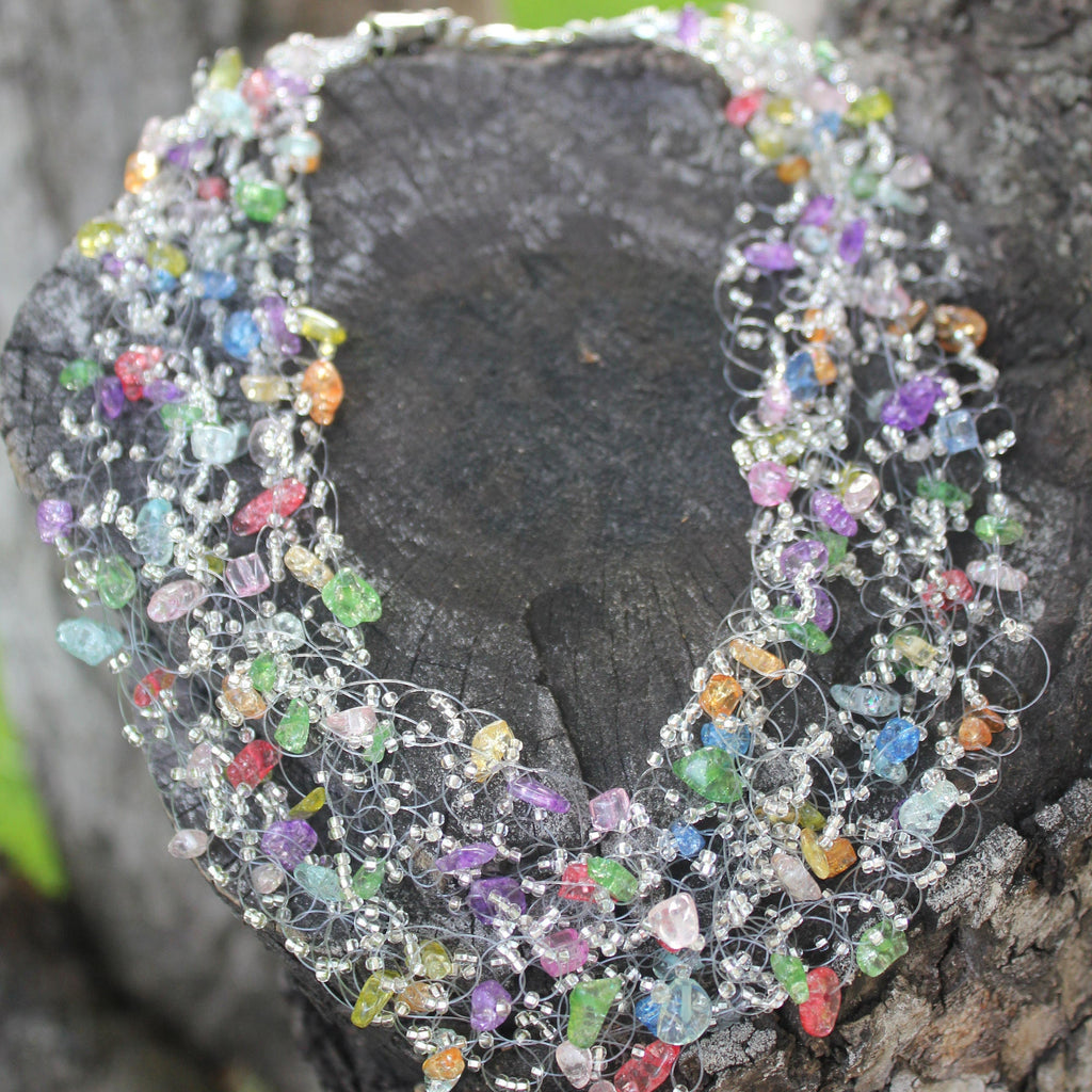 Rainbow assorted crystals necklace for women, bridal bohemian necklace silver, Gemstone Personalized necklace prom jewelry, Christmas gifts