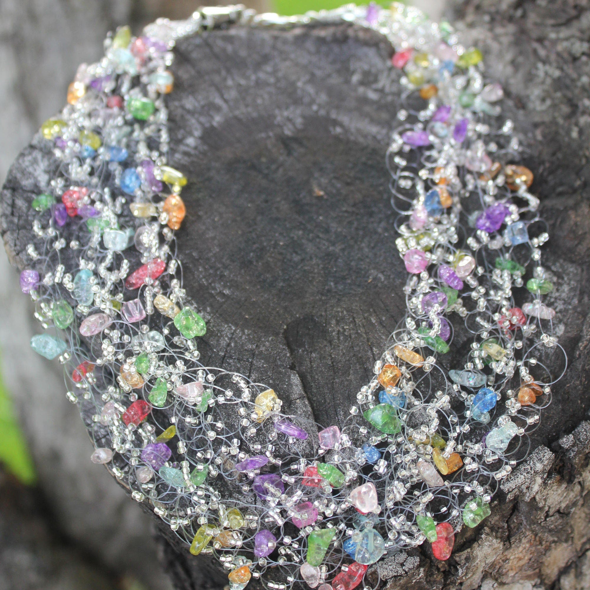 Rainbow assorted crystals necklace for women, bridal bohemian necklace silver, Gemstone Personalized necklace prom jewelry, Christmas gifts