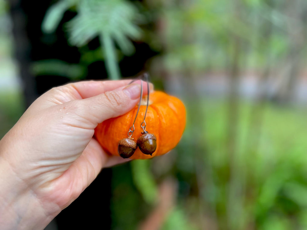 Real Acorn Threader Earrings: Rustic Fall Woodland Jewelry