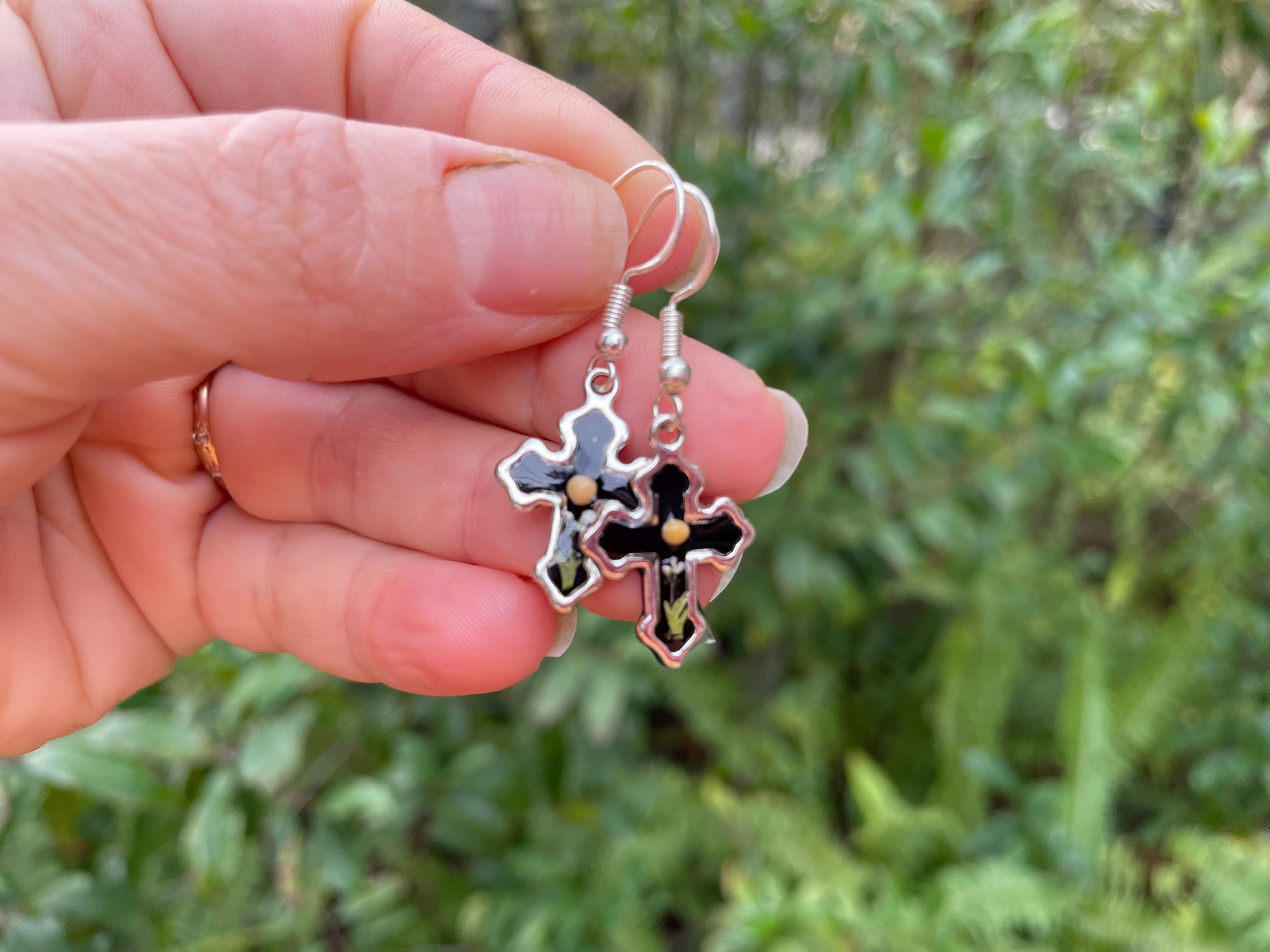 Black Cross Earrings: Pressed Flower Mustard Seed Christian Jewelry, Birthstone Color