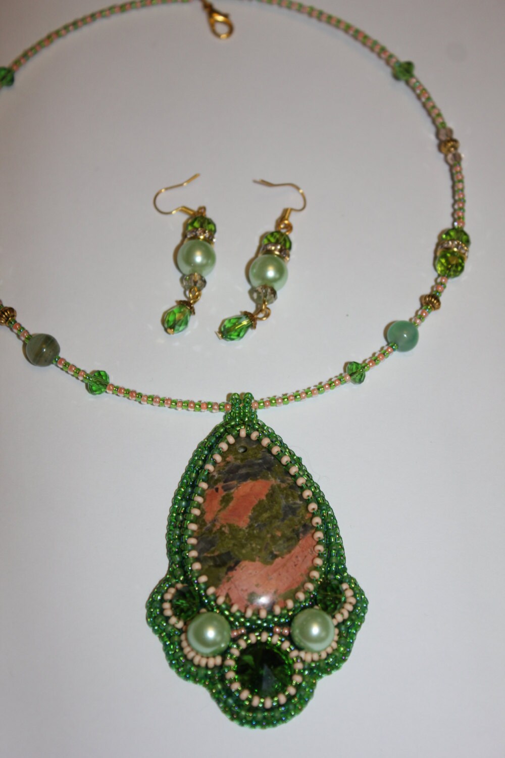 Unakite pendant crystal necklace unique, fertility crystal gift wife, beaded embroidered gemstone chakra jewelry for her, Mothers day gifts