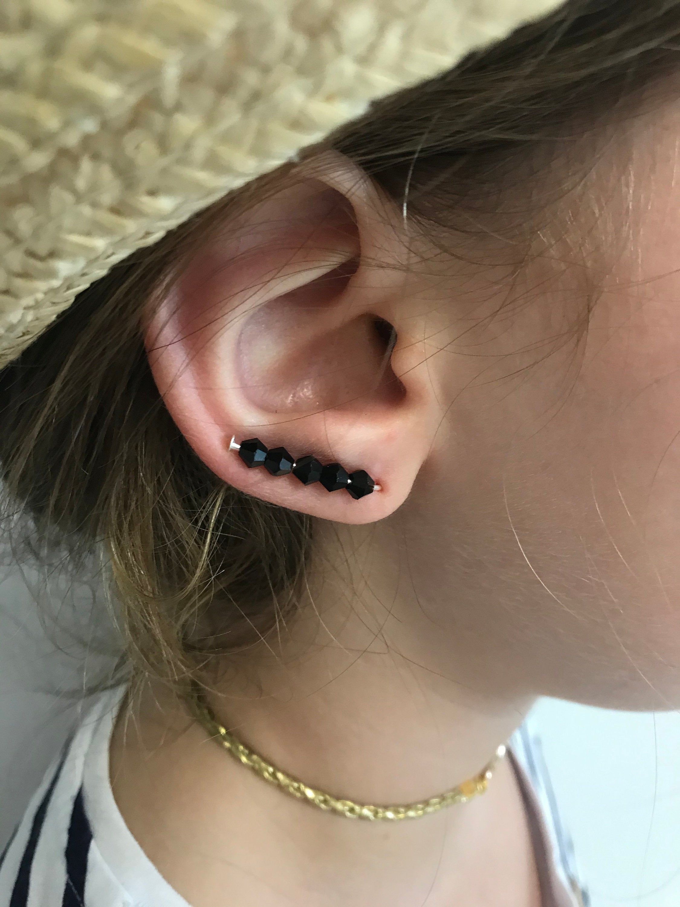 ear climber earrings, Minimalist ear climbers, 925 sterling silver stud earrings, Black Ear Climbers, Simple Ear Sweep birthstone color gift