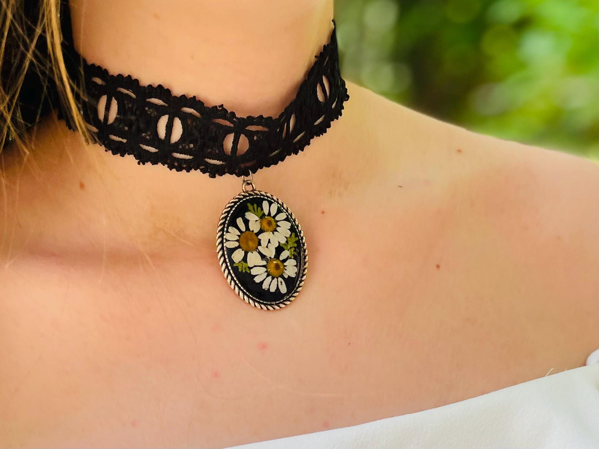 Whimsigoth Black Lace Choker: April Birth Flower Daisy Pendant, Gothic Collar