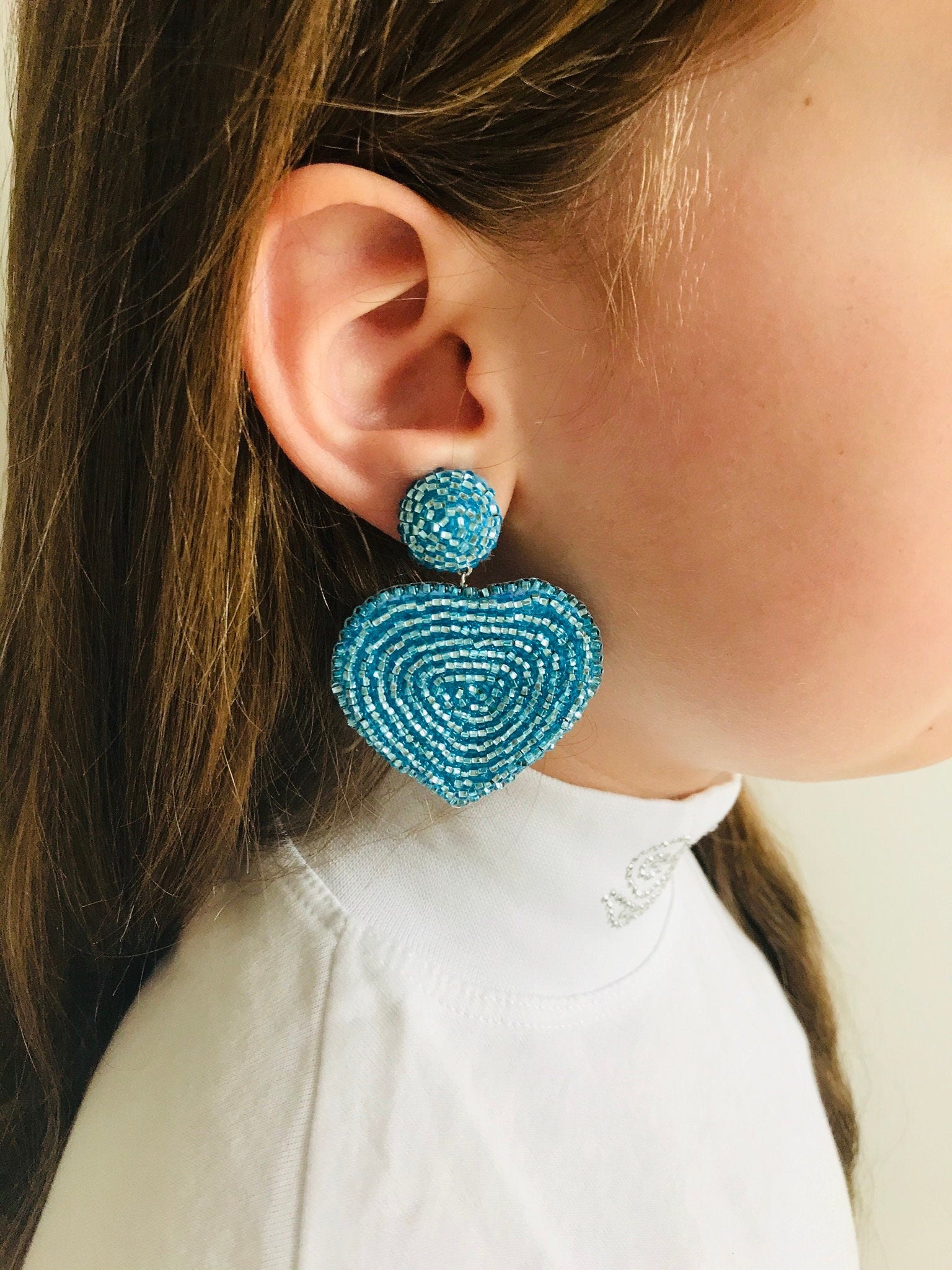 Earrings. Blue Heart earrings, dangle earrings, heart clip on earrings, Statement jewelry handmade, Valentine gift for her, heart embroidery