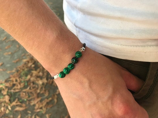Mens Bracelet, Green malachite 8 mm bead Simple Leather Mens Bracelet, personalized custom gemstone bracelet homme, Anniversary Gift for Him