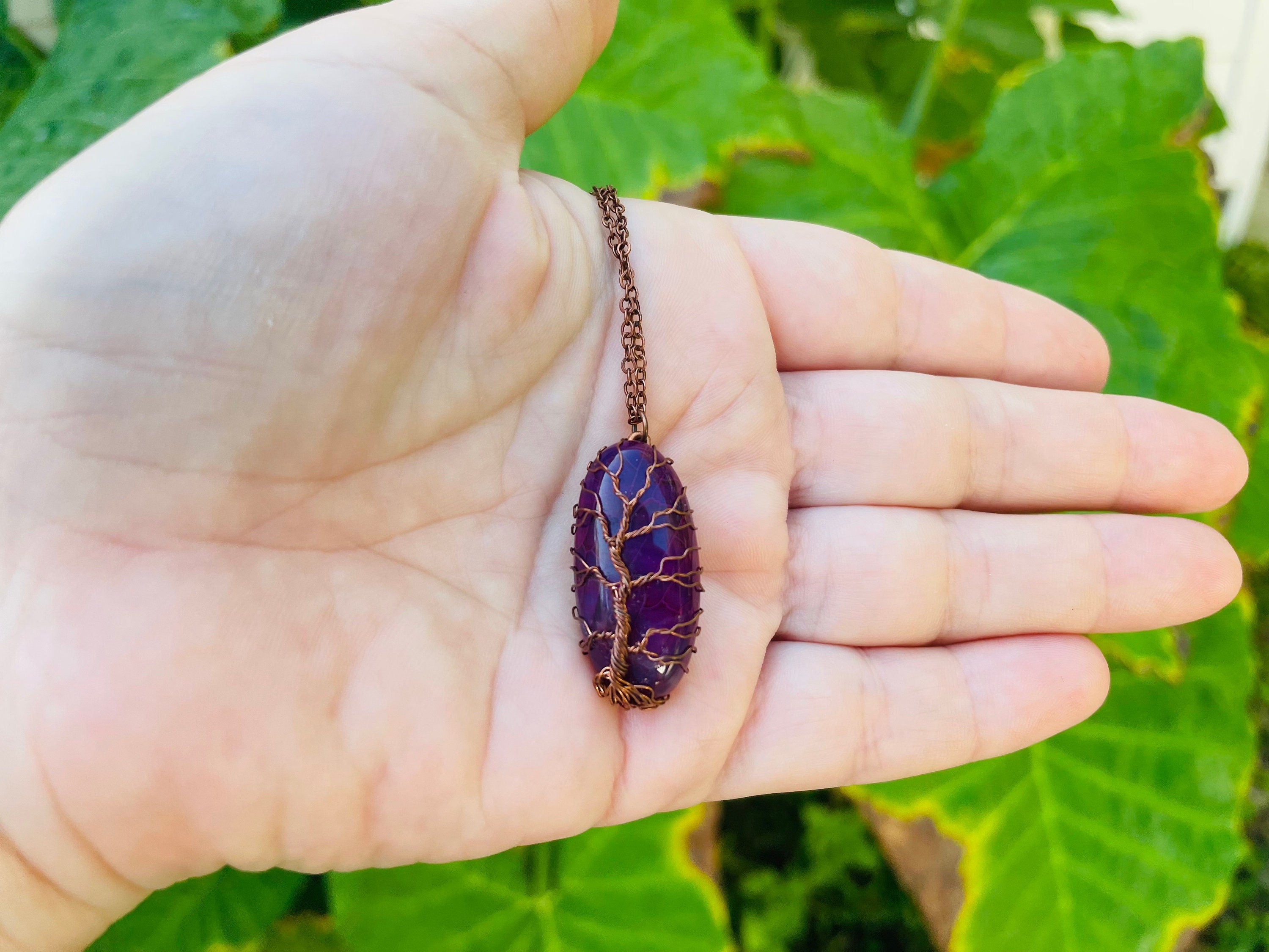 Handmade Purple Dragon Vein Agate Tree of Life Pendant Necklace: Unique Copper Wire Wrap Jewelry Unisex