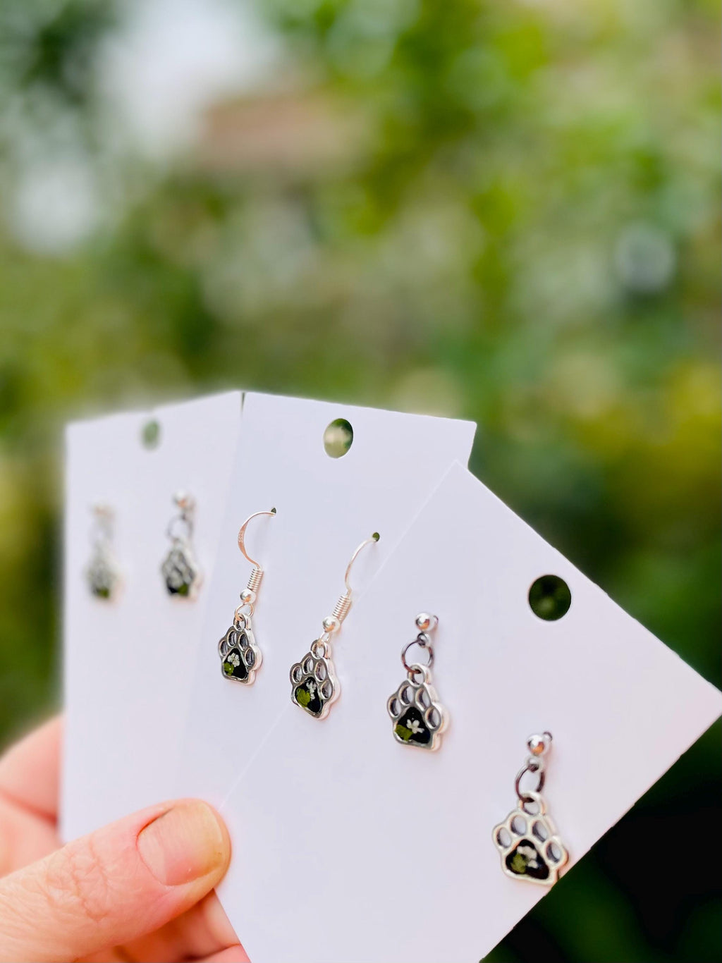 Tiny Paw Print Post Earrings: Birthstone Personalized Silver Pet Jewelry with Real Pressed Flowers