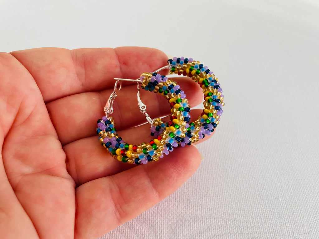 Multicolored hoop earrings beaded, Native American midi hoops girlfriend gift earrings, bridal shower gift lesbian earrings southwest design
