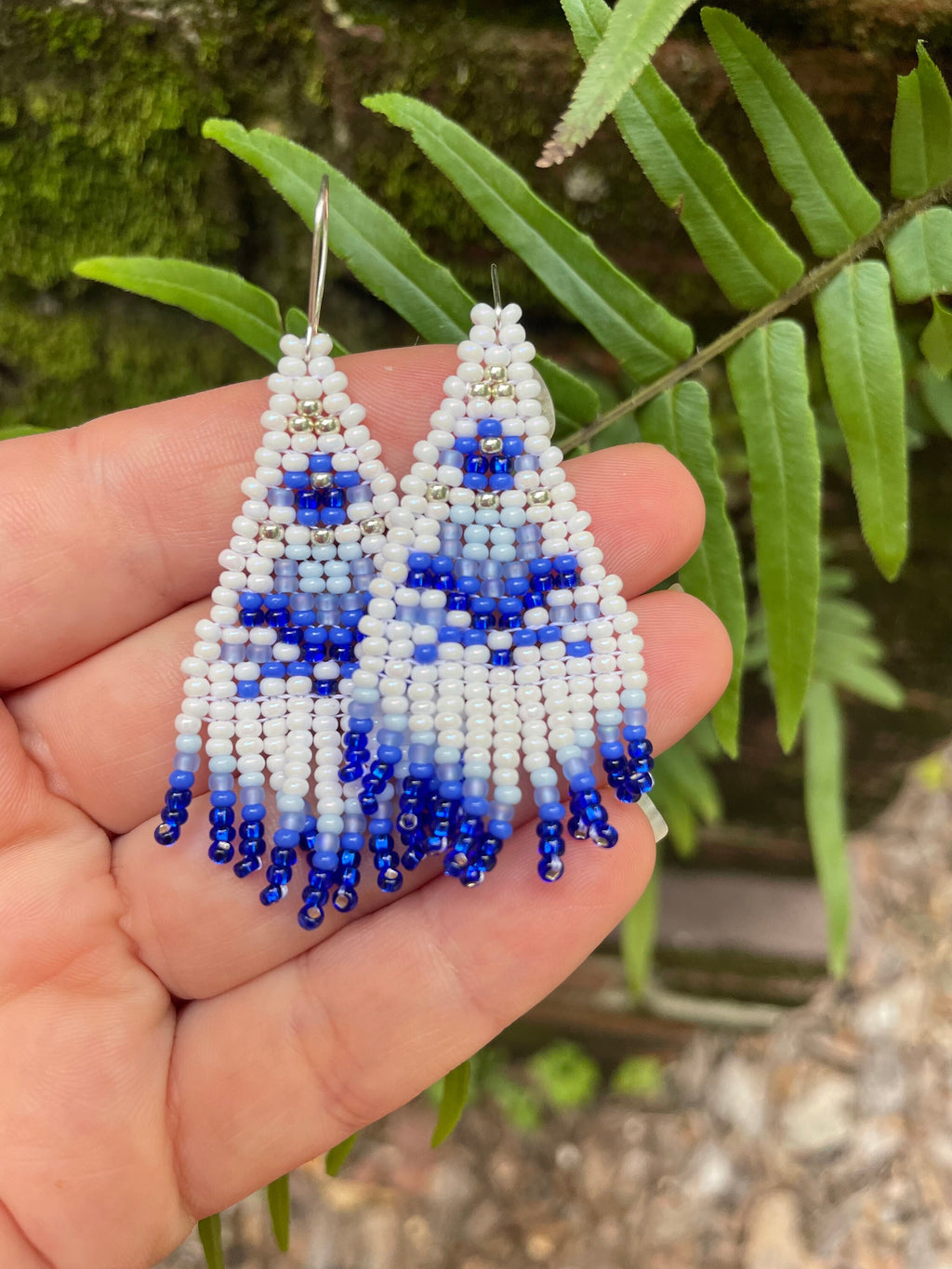 Chinoiserie Seed Bead Earrings: White & Blue Toile, Sterling Silver