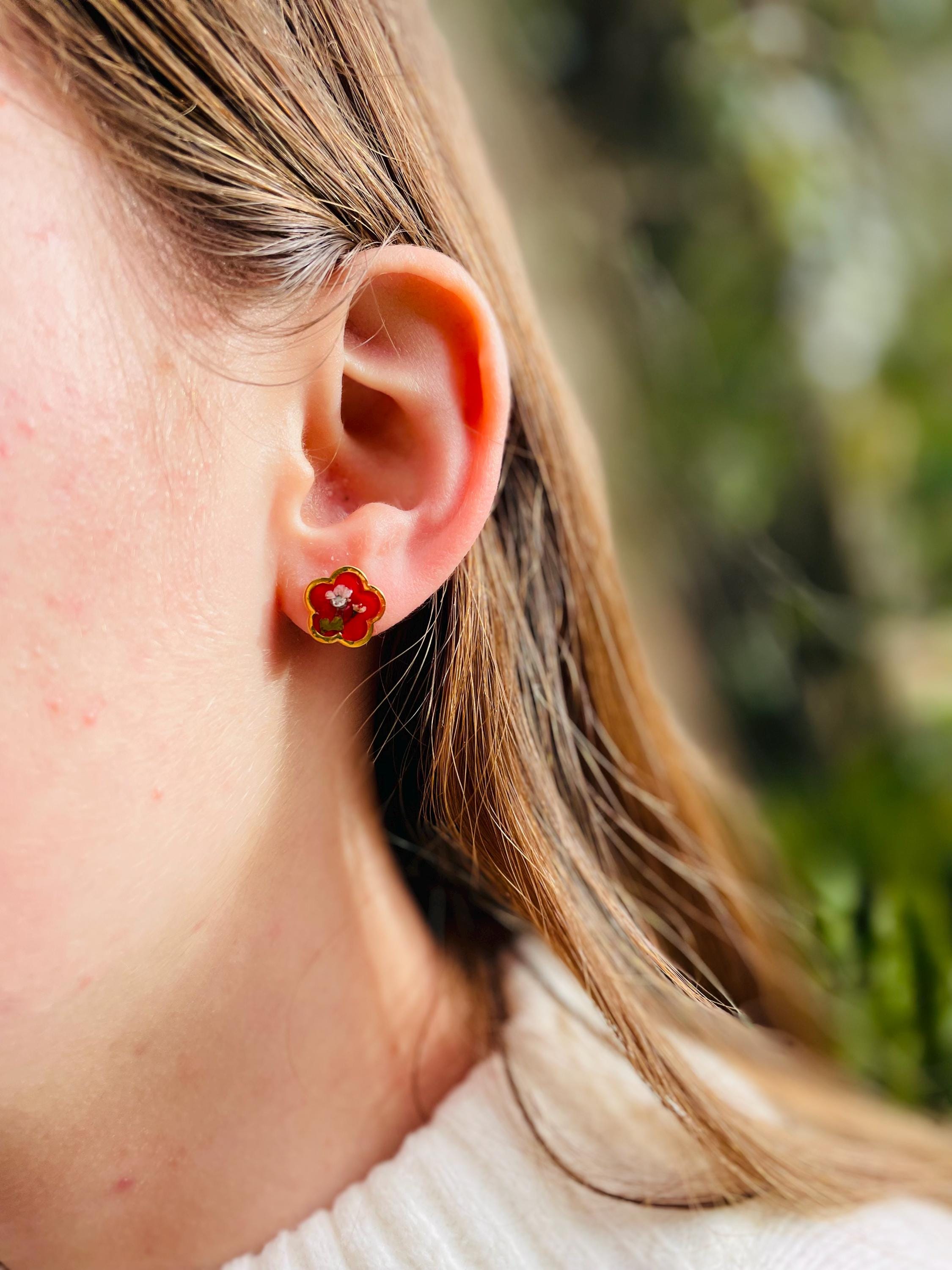Tiny Pressed Flower Stud Earrings: Gold Botanical Jewelry, Birthstone Color