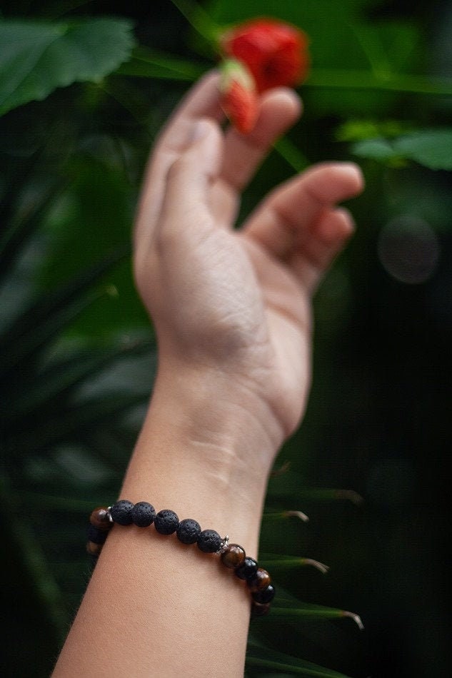 Essential Oil diffuser bracelet, Mens Bracelet, Tiger Eye black onyx lava Gemstone Bracelet Perle Homme, stretch beaded  Lava Stone Bracelet