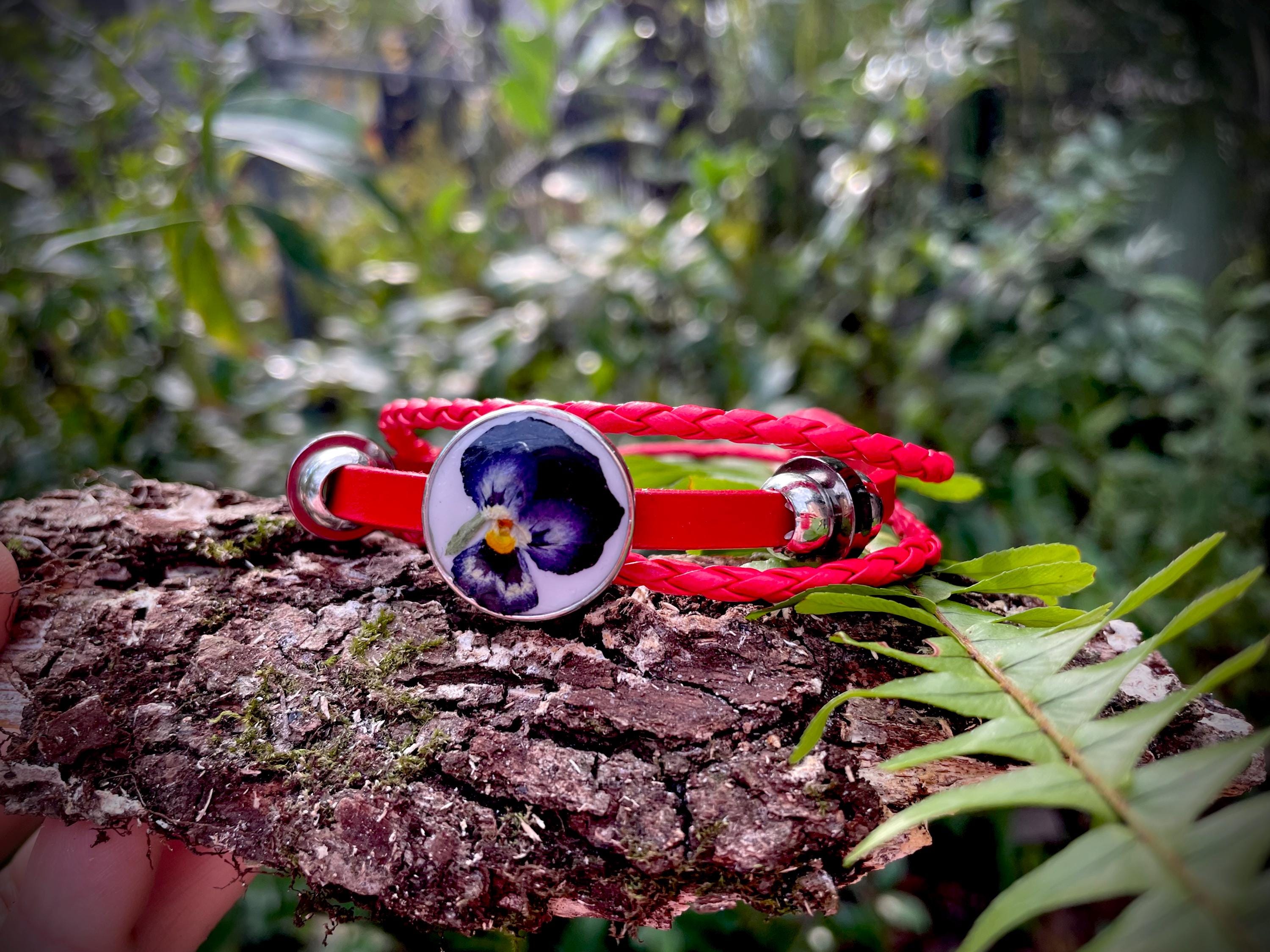 Red Leather 3 Wrap Bracelet: Pansy Violet February Birth Flower, Beaded Boho Jewelry